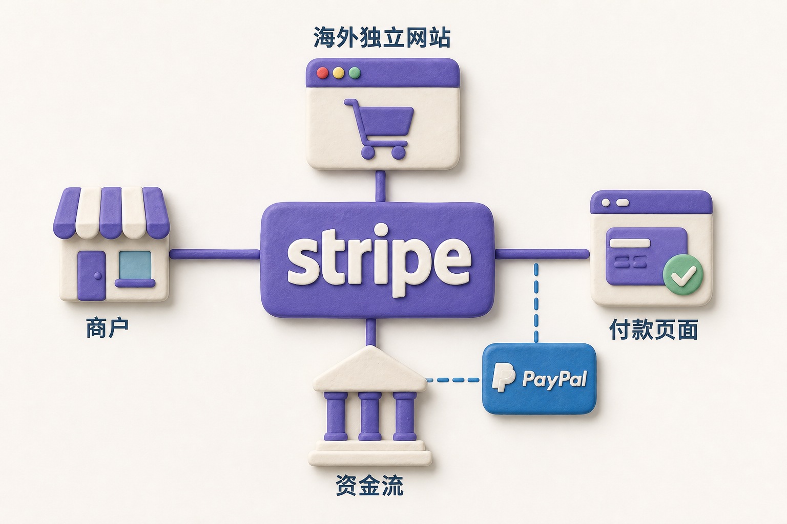 Stripe作为支付网关居中连接海外独立网站、商户、付款页面与资金流，旁边以较小的PayPal通道形成业务对照，只表现连接关系而不展示数据，不显示具体数字或日期，只显示画面中明确要求的文字与数据，不补充其他数字、日期、比例、排名或因果关系。，浅色背景的商业评论版橡皮泥平面信息图的统一风格。