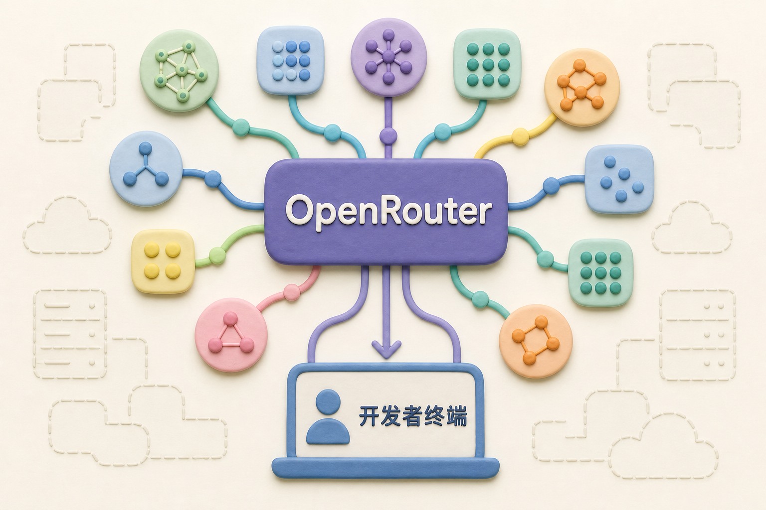 OpenRouter中转枢纽悬浮在中央，四周不同AI模型与供应商节点通过线路接入，再统一流向开发者终端，机房与算力设备以空缺轮廓表示平台自身不持有算力，不显示具体数字或日期，只显示画面中明确要求的文字与数据，不补充其他数字、日期、比例、排名或因果关系。，浅色背景的商业评论版橡皮泥平面信息图的统一风格。