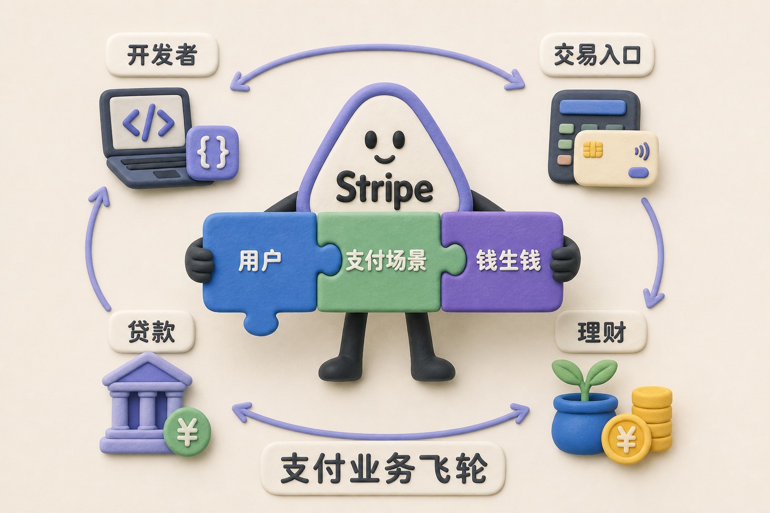 Stripe站在中央同时握住三块拼图，拼图分别写着“用户”“支付场景”“钱生钱”，周围连接开发者、交易入口、贷款与理财图标，三块拼图共同组成支付业务飞轮，不显示具体数字或日期，只显示画面中明确要求的文字与数据，不补充其他数字、日期、比例、排名或因果关系。，浅色背景的商业评论版橡皮泥平面信息图的统一风格。