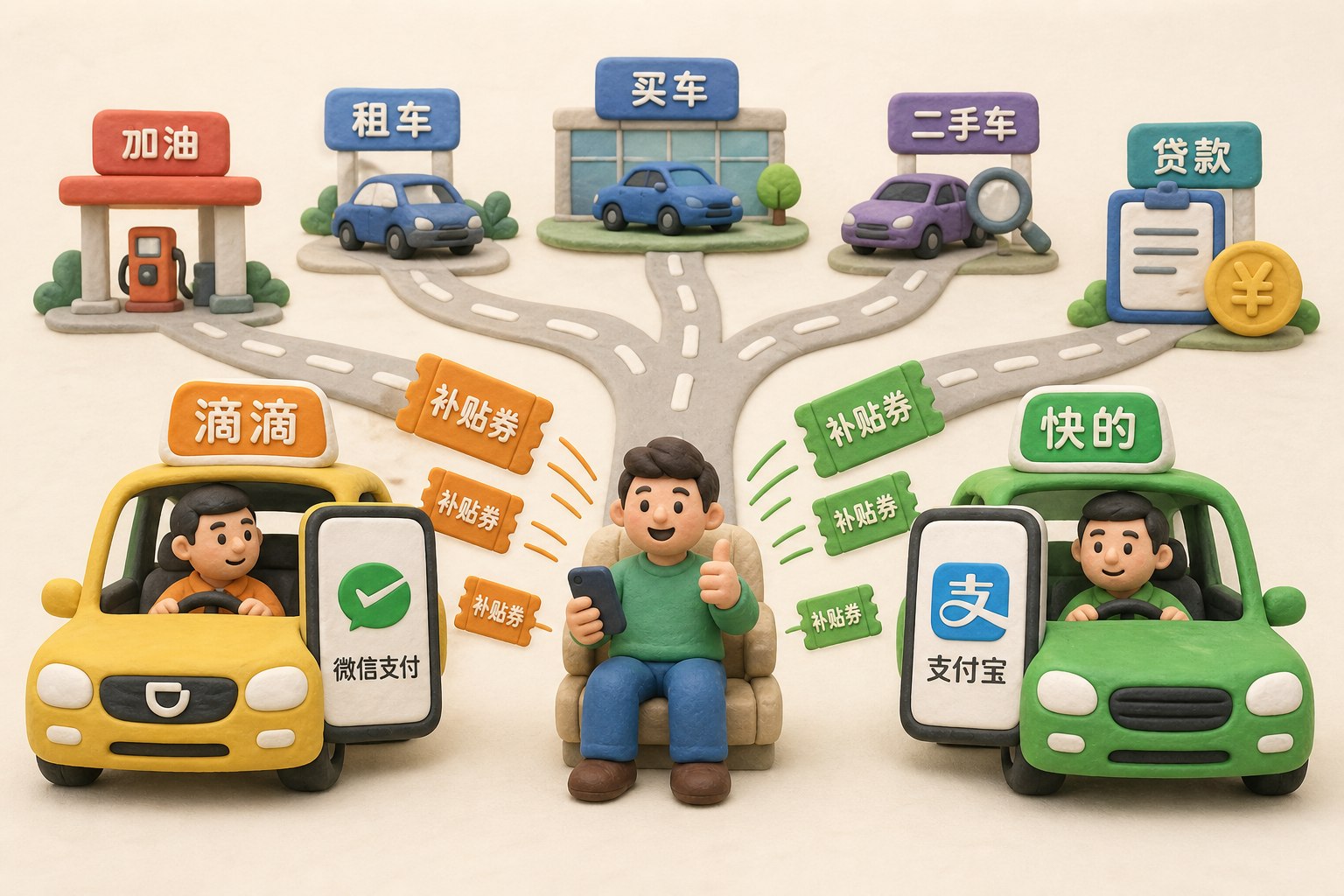 滴滴与快的两辆出租车分别连接微信支付和支付宝，补贴券从两侧涌向乘客，后方延伸出加油、租车、买车、二手车与贷款场景，不显示具体数字或日期，只显示画面中明确要求的文字与数据，不补充其他数字、日期、比例、排名或因果关系。，浅色背景的商业评论版橡皮泥平面信息图的统一风格。