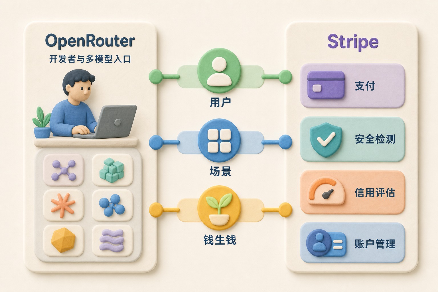 左侧是OpenRouter的开发者与多模型入口，右侧是Stripe的支付、安全检测、信用评估和账户管理能力，中间通过“用户”“场景”“钱生钱”三条平行通道一一连接，不显示具体数字或日期，只显示画面中明确要求的文字与数据，不补充其他数字、日期、比例、排名或因果关系。，浅色背景的商业评论版橡皮泥平面信息图的统一风格。