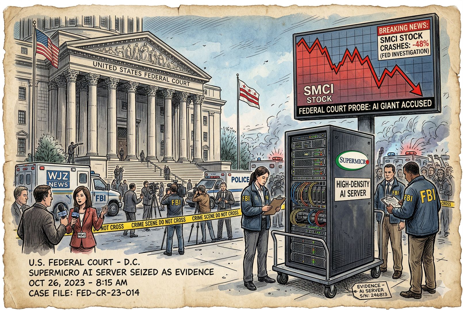 美国联邦法院外景与一台贴有Supermicro标识的高密度AI服务器并置，新闻突发气氛，远处电子股价曲线急跌，晨间冷色光线，羊皮纸，钢笔彩色手绘的统一风格。