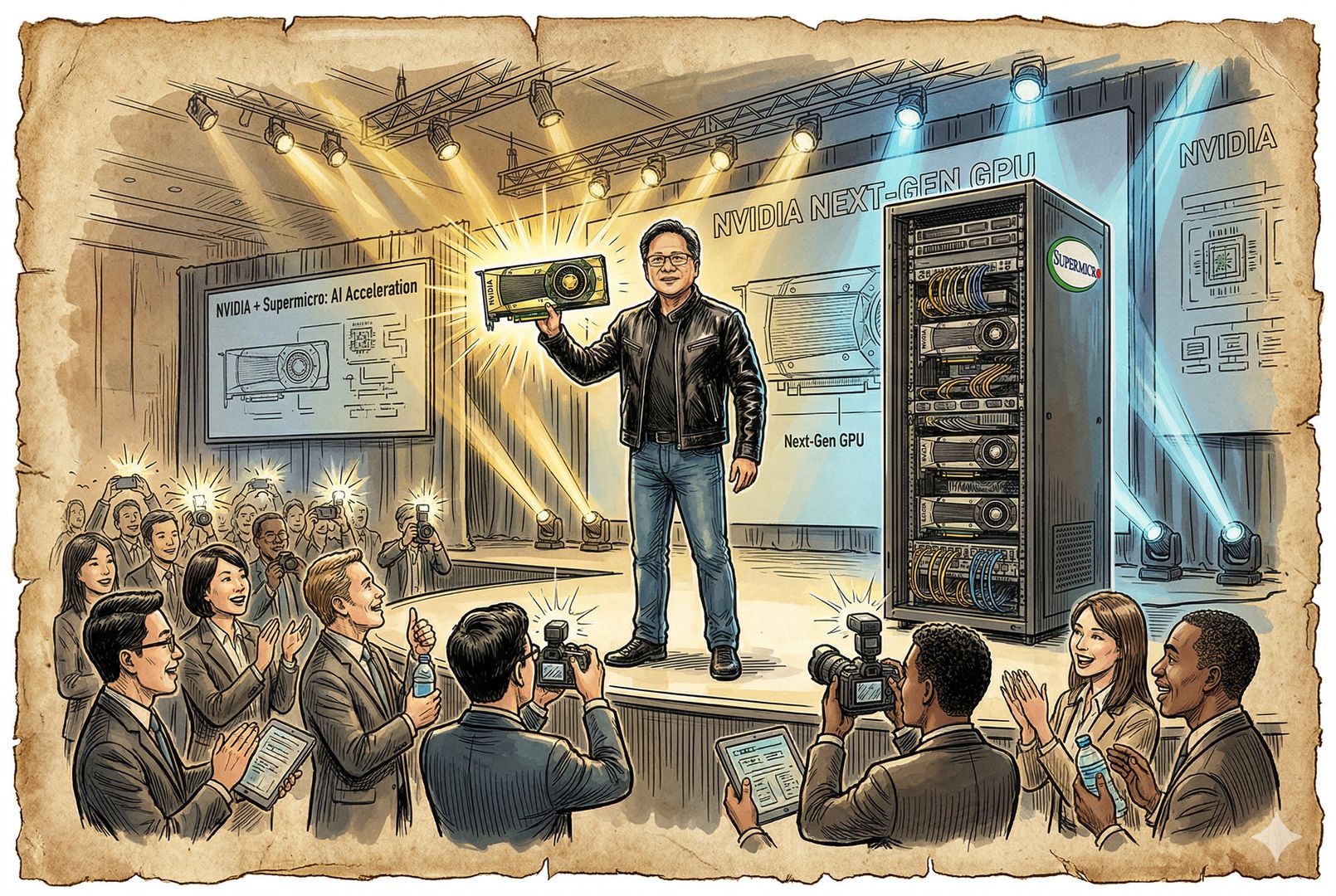 黄仁勋在发布会舞台上展示新一代GPU，一侧是装满加速卡的Supermicro服务器机柜，台下客户与聚光灯形成热烈商业合作场景，羊皮纸，钢笔彩色手绘的统一风格。