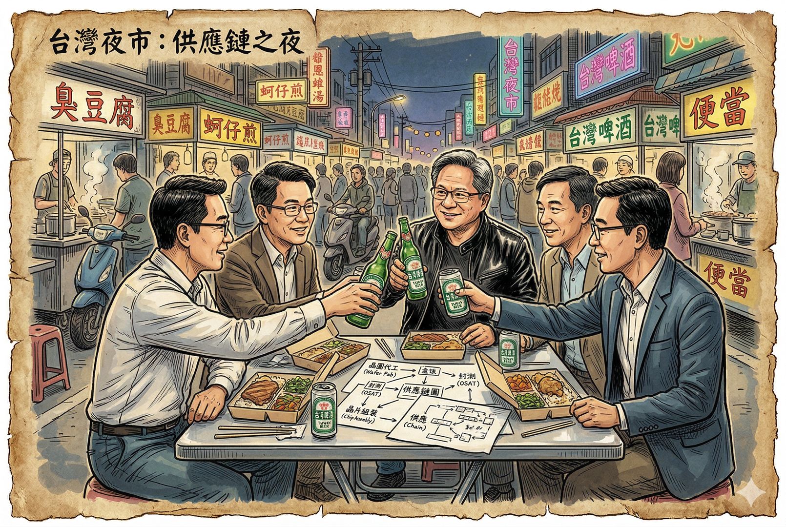 台湾夜市路边摊边的商务聚会，黄仁勋式人物与几位制造业老板围桌交谈，桌上是盒饭、啤酒和手绘供应链草图，呈现人情网络与产业协同的气氛，羊皮纸，钢笔彩色手绘的统一风格。