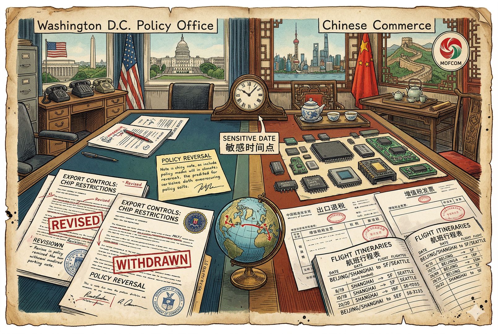 华盛顿政策办公室与中国商务谈判桌并列构图，一边是出口管制文件被修改撤回，另一边是芯片、税单与航班行程表摊开，体现敏感时间点的政策博弈，羊皮纸，钢笔彩色手绘的统一风格。