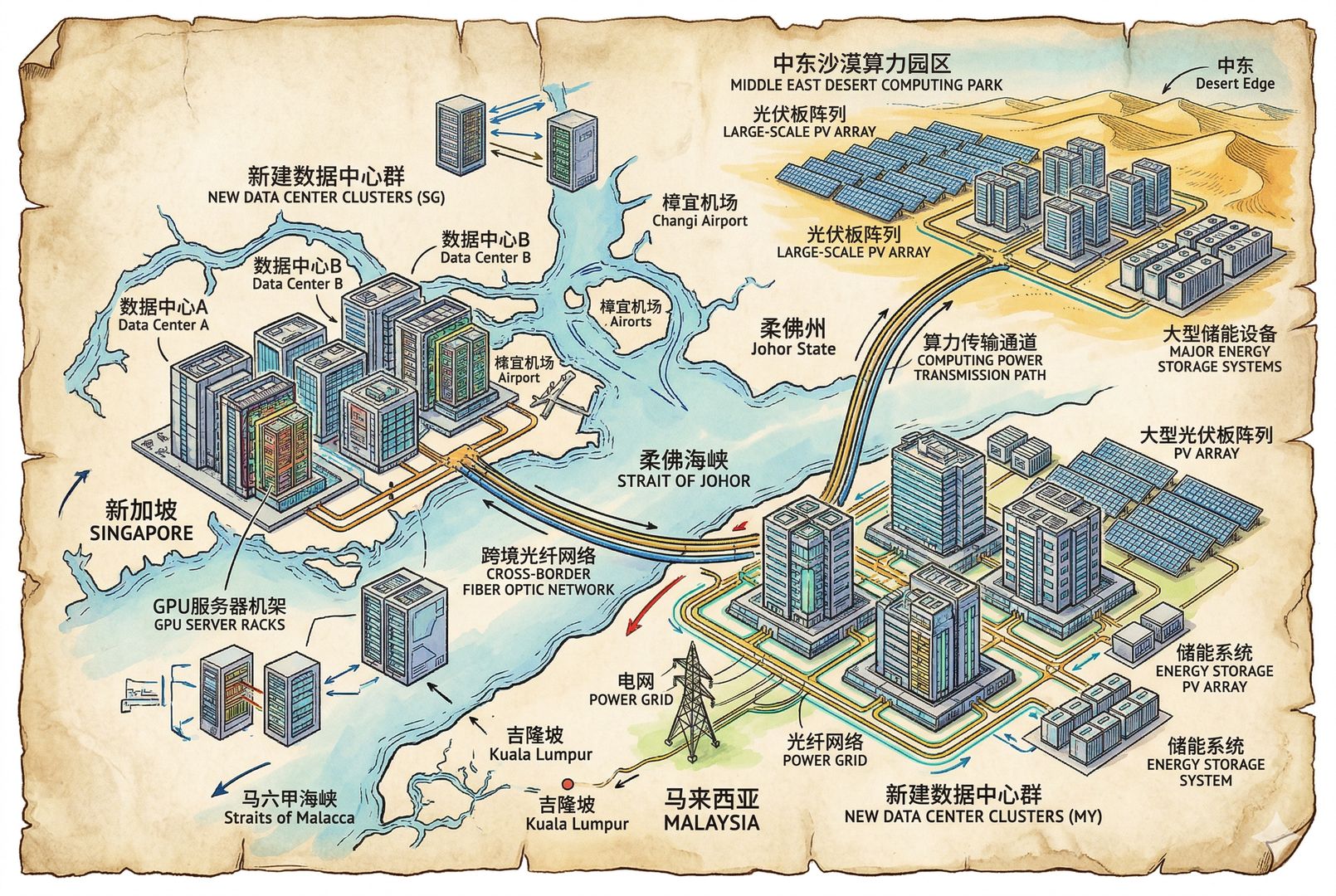 新加坡与马来西亚之间的新建数据中心群，中东沙漠边缘的机房园区、光伏板与储能设备同框，光纤、电网与GPU服务器形成跨境算力网络的未来感场景，羊皮纸，钢笔彩色手绘的统一风格。