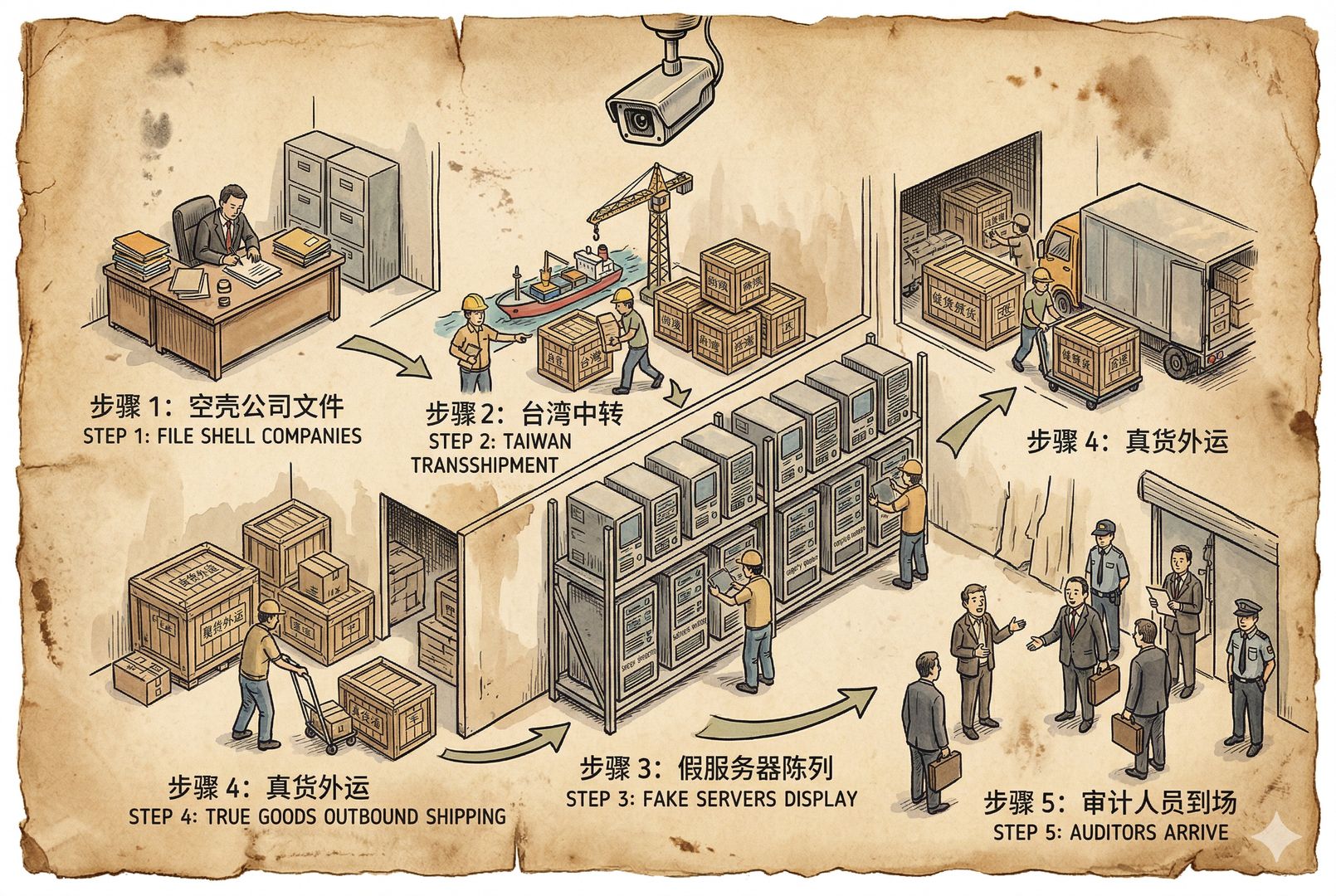 仓库内部的五步走私流程被画成连续场景：空壳公司文件、台湾中转、假服务器陈列、真货外运、审计人员到场，监控摄像头悬在上方，像一张犯罪流程图，羊皮纸，钢笔彩色手绘的统一风格。
