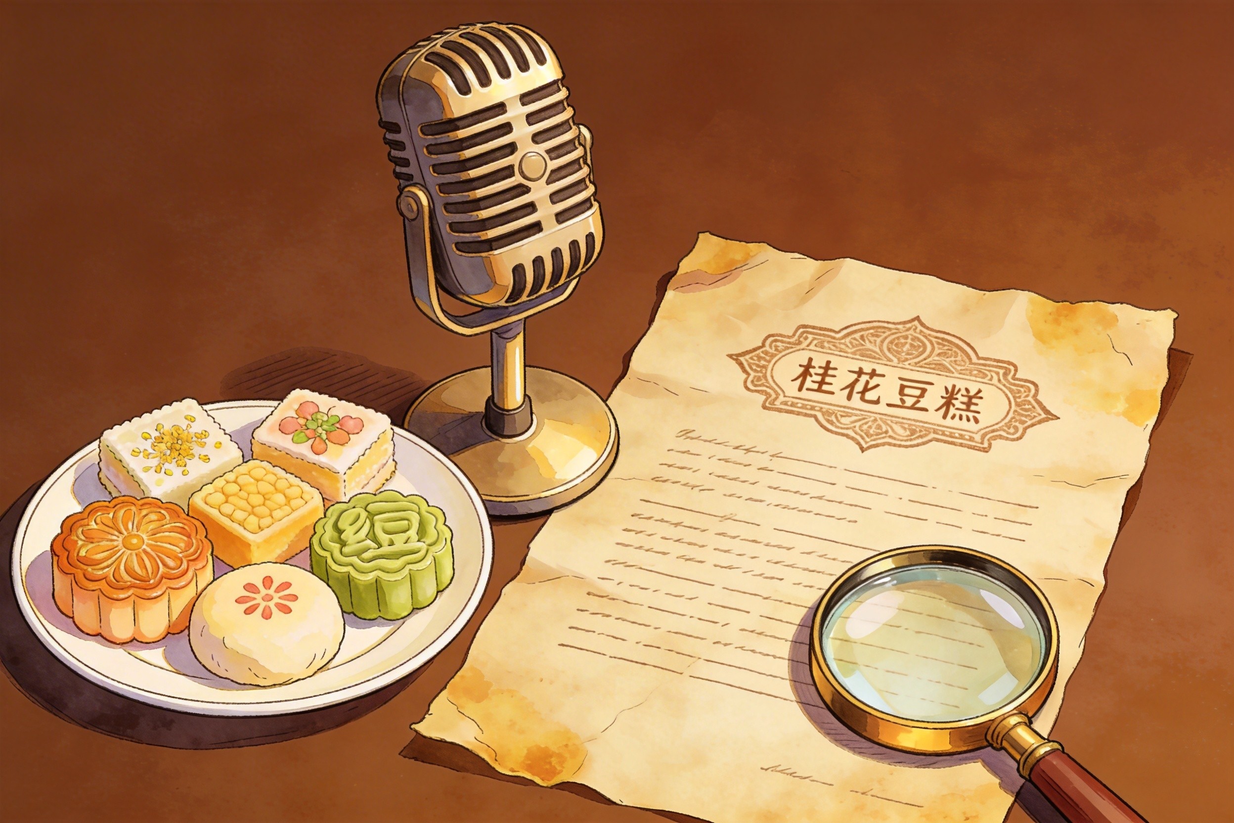 一个复古的麦克风旁边放着一盘精致的中式糕点，还有一个放大镜压在一份陈旧的商标文档上，羊皮纸，钢笔彩色手绘的统一风格。