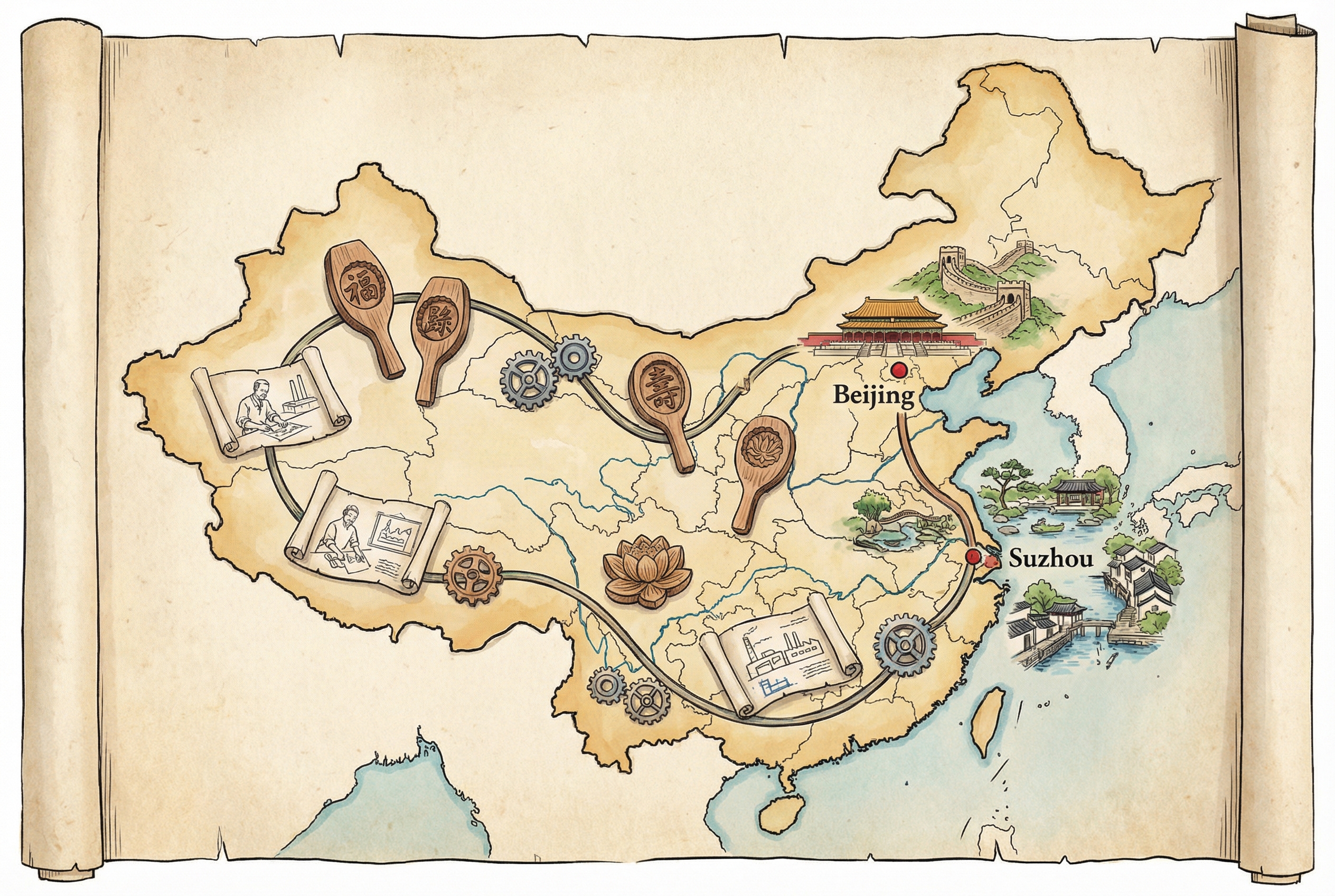 一张风格化的中国地图，连接着苏州和北京两地，路线上不仅有传统的糕点模具，还有现代化的工厂齿轮，羊皮纸，钢笔彩色手绘的统一风格。