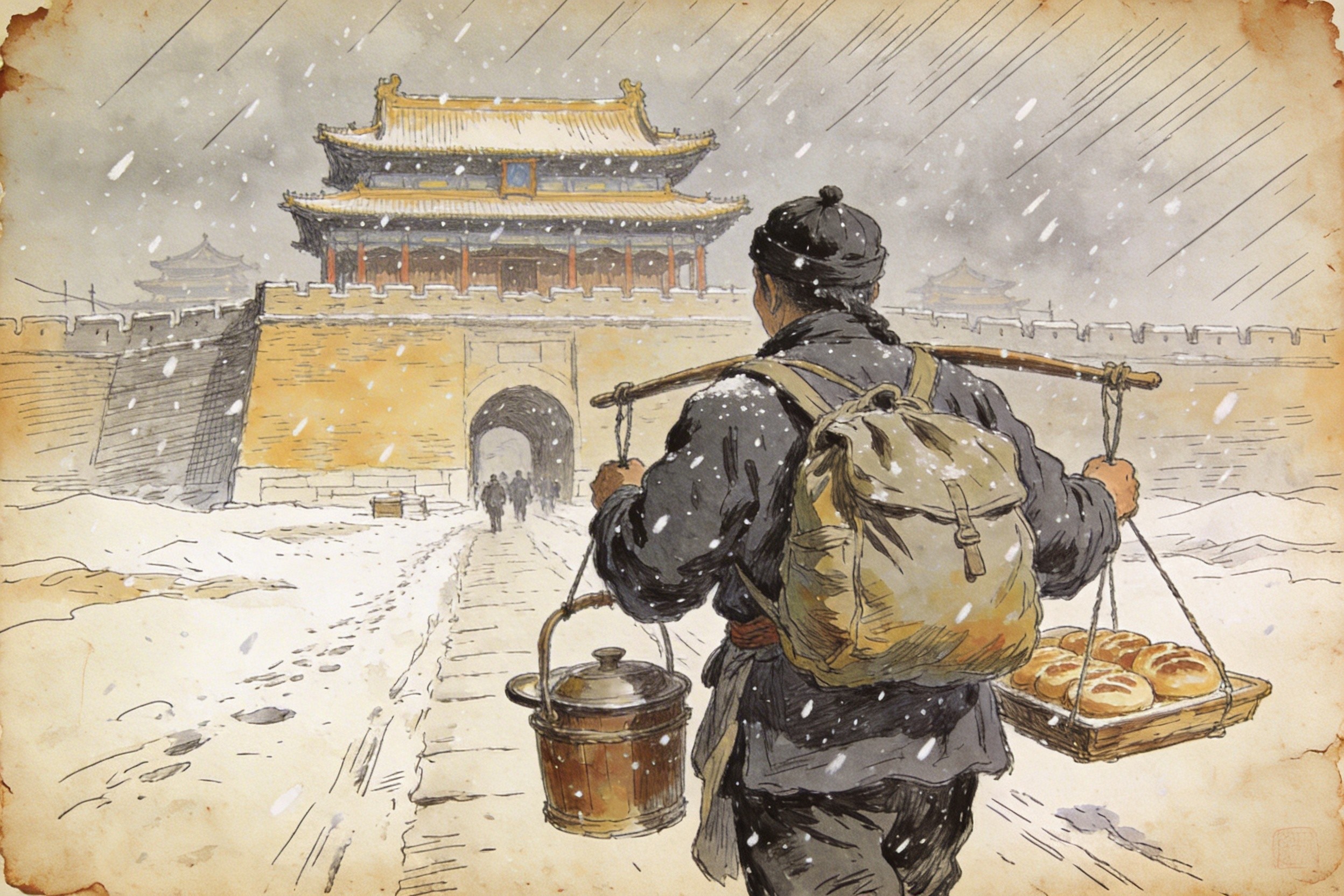 晚清时期的北京正阳门下，一位身背行囊和烘焙工具的南方师傅正走进风雪中的北京城，羊皮纸，钢笔彩色手绘的统一风格。