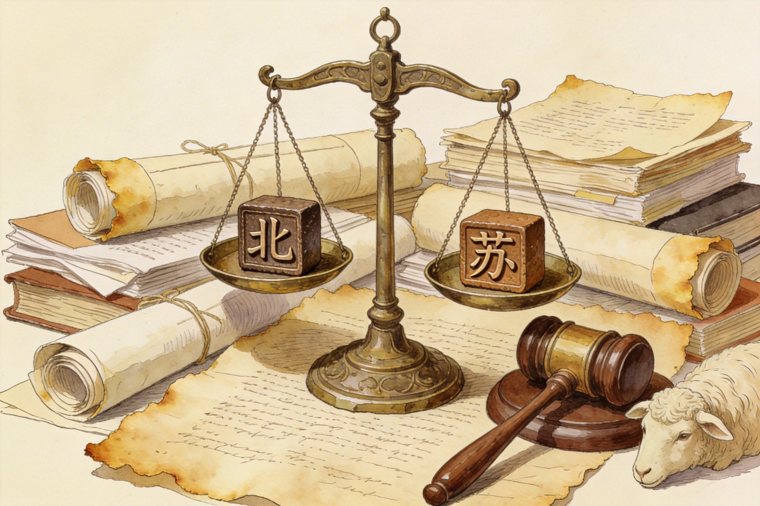 一个古老的天平，两端分别放着刻有“北”和“苏”字的印章，天平周围堆满了卷宗和法槌，羊皮纸，钢笔彩色手绘的统一风格。