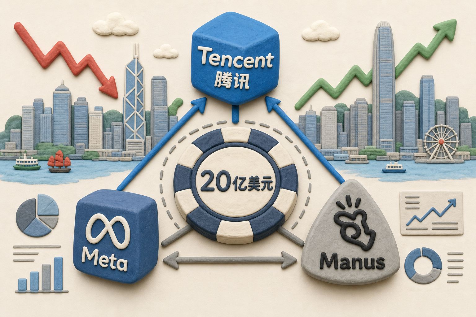 腾讯、Meta与Manus三个品牌化几何体围绕一枚标有20亿美元的巨大筹码形成三角关系,香港城市天际线与上升下跌箭头作为背景,浅色背景的商业评论版橡皮泥平面信息图的统一风格。