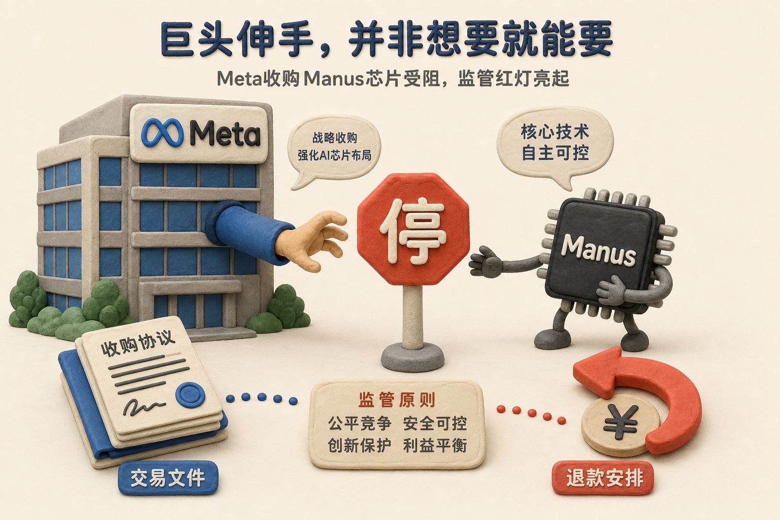 Meta总部造型的橡皮泥大楼伸手收购Manus芯片,却被一枚红色监管停止牌隔开,交易文件与退款箭头分列两侧,浅色背景的商业评论版橡皮泥平面信息图的统一风格。