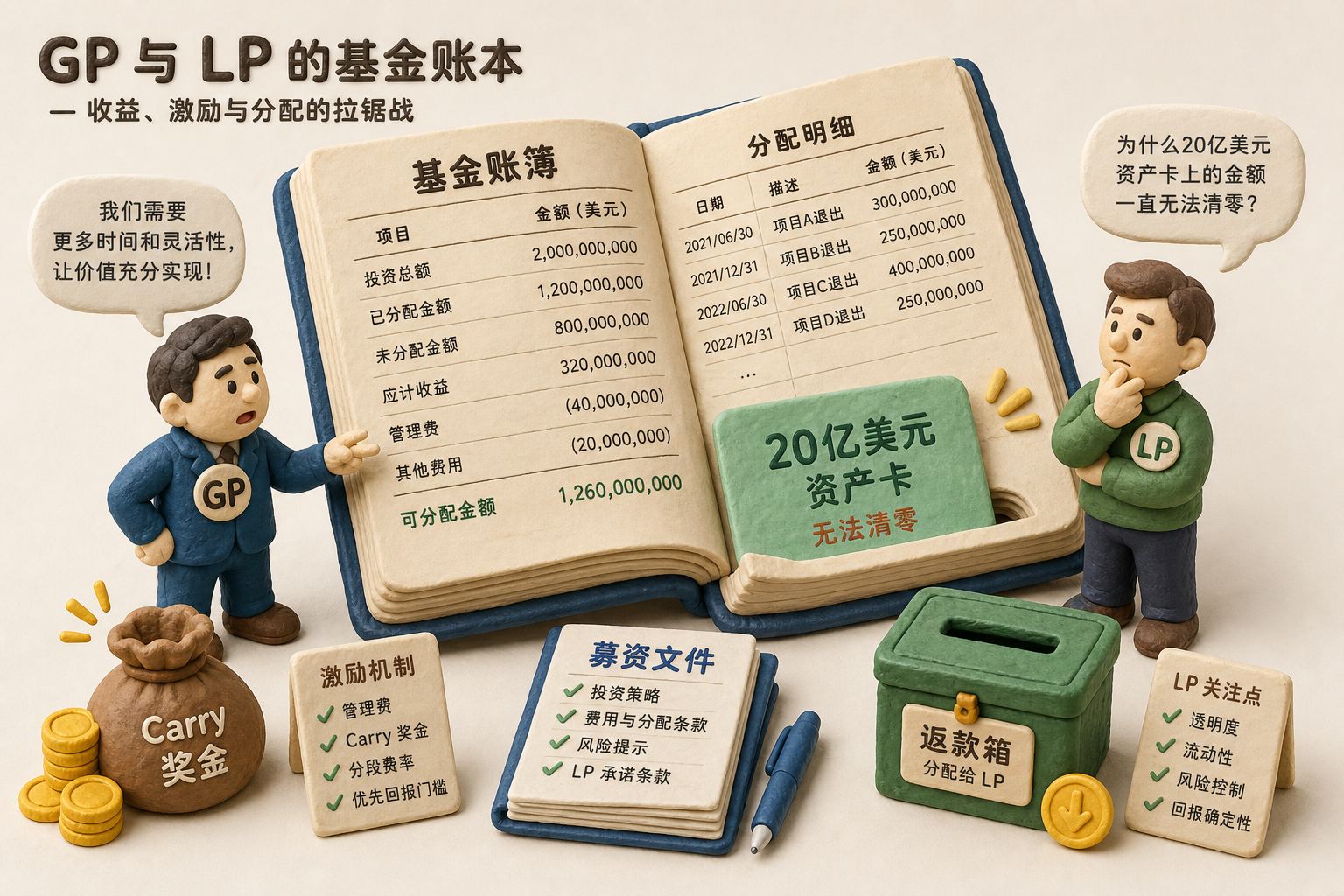 GP与LP两个橡皮泥人物围着一本巨大的基金账簿,20亿美元资产卡被夹在账页中不能清零,旁边摆着carry奖金、募资文件和返款箱,浅色背景的商业评论版橡皮泥平面信息图的统一风格。