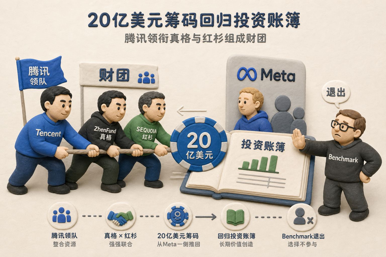 腾讯作为领队拉着真格与红杉组成财团,把一枚20亿美元筹码从Meta一侧推回投资账簿,Benchmark站在另一侧退出,浅色背景的商业评论版橡皮泥平面信息图的统一风格。