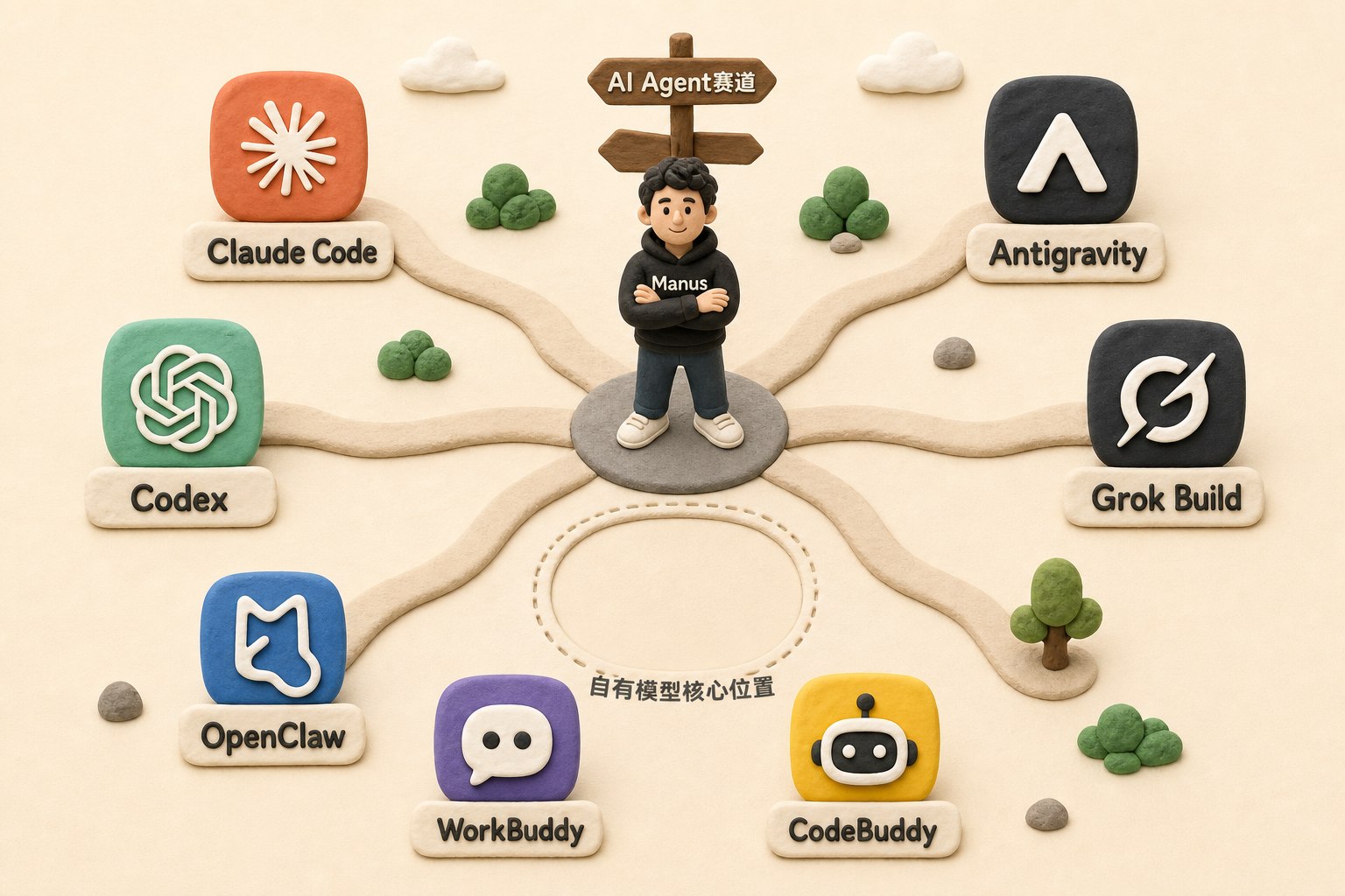 Manus站在多条AI Agent赛道中央,周围是Claude Code、Codex、OpenClaw、Antigravity、Grok Build、WorkBuddy与CodeBuddy的不同工具图标,自有模型核心位置留空,浅色背景的商业评论版橡皮泥平面信息图的统一风格。
