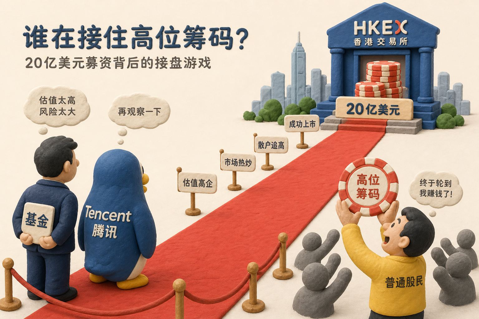 一条通往香港交易所的红毯尽头放着20亿美元筹码,基金与腾讯站在起点观望,普通股民在终点接住高位筹码,浅色背景的商业评论版橡皮泥平面信息图的统一风格。