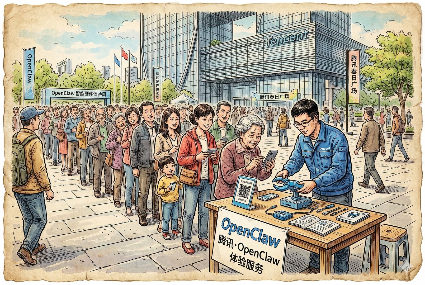 深圳腾讯大厦楼下广场人头攒动,工程师在临时服务台前为排队市民安装“龙虾”,有人举着手机扫码,桌上摆着写有 OpenClaw 的牌子,春日城市广场的热闹场景,羊皮纸,钢笔彩色手绘的统一风格。
