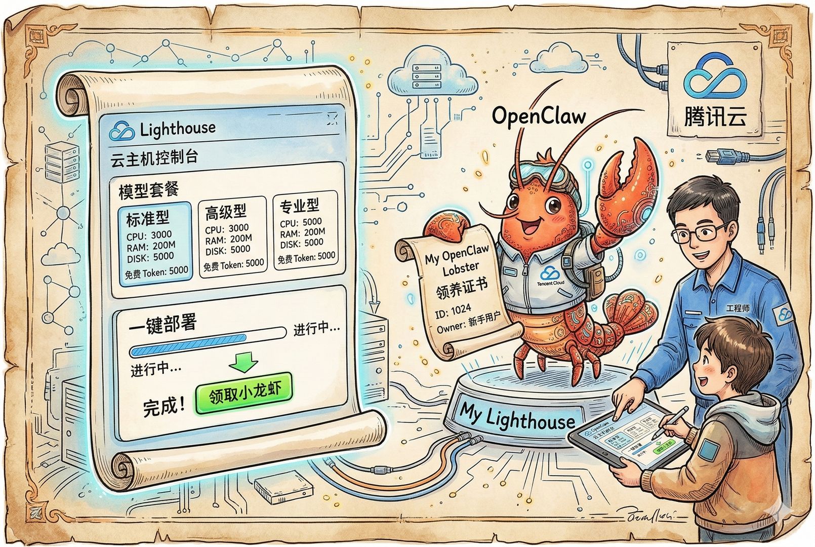 云主机控制台界面与一只拟人化小龙虾并置,屏幕上显示 Lighthouse、模型套餐和免费 Token,新手用户在工程师指导下完成一键部署,科技感与“领养”概念结合,羊皮纸,钢笔彩色手绘的统一风格。