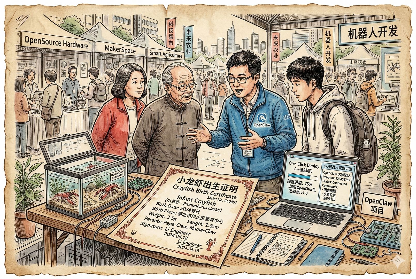 一张“小龙虾出生证明”摊开放在桌上,旁边是老人和年轻人一起听工程师讲解,电脑屏幕上显示一键部署进度条和 QQ 机器人配置页面,现场像科技集市,羊皮纸,钢笔彩色手绘的统一风格。