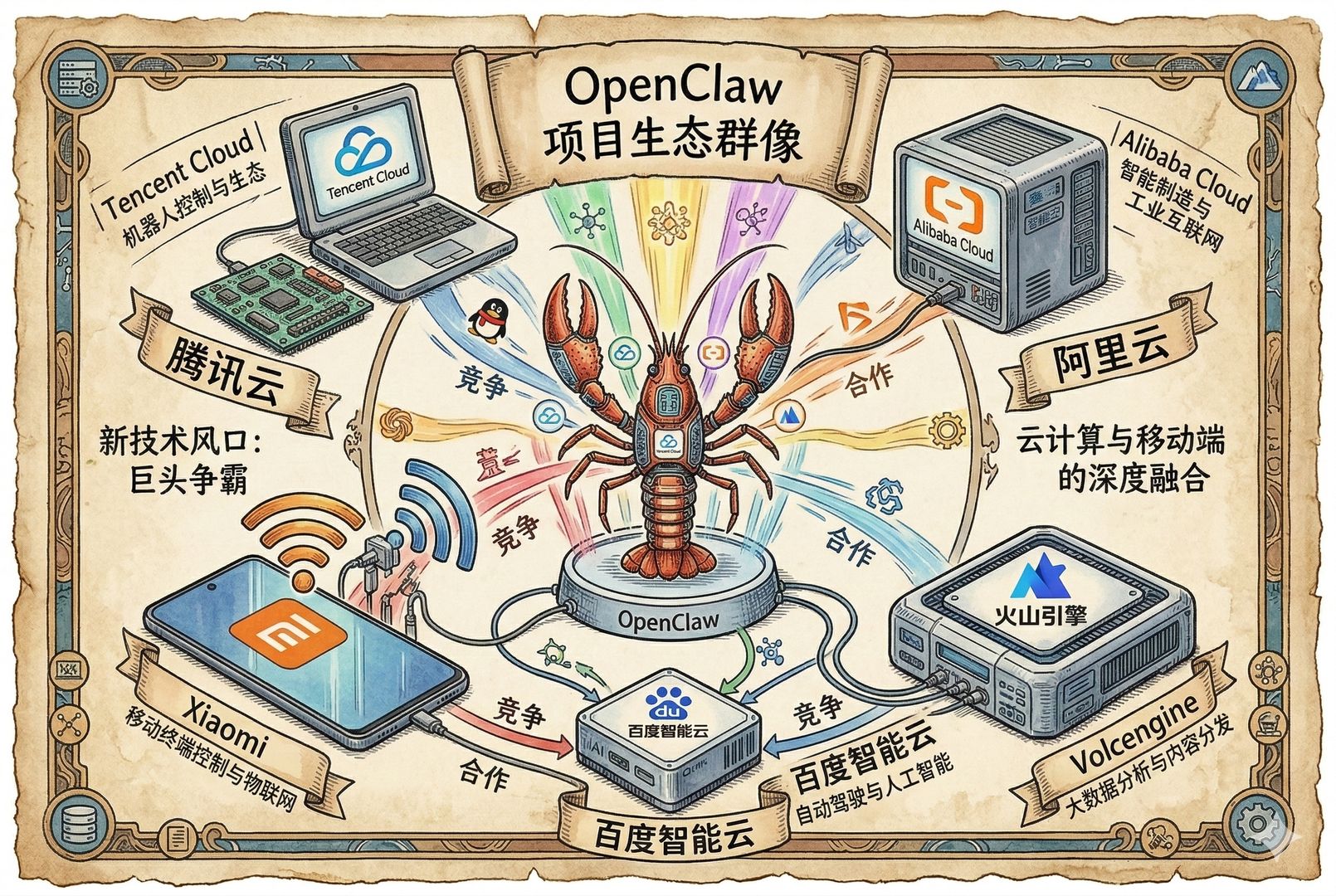 多家云厂商和手机厂商的标识化设备围成一圈,中间是一只被不同平台“认领”的小龙虾,阿里云、腾讯云、火山云、百度云与小米手机形成竞争布局,像新技术风口的群像,羊皮纸,钢笔彩色手绘的统一风格。