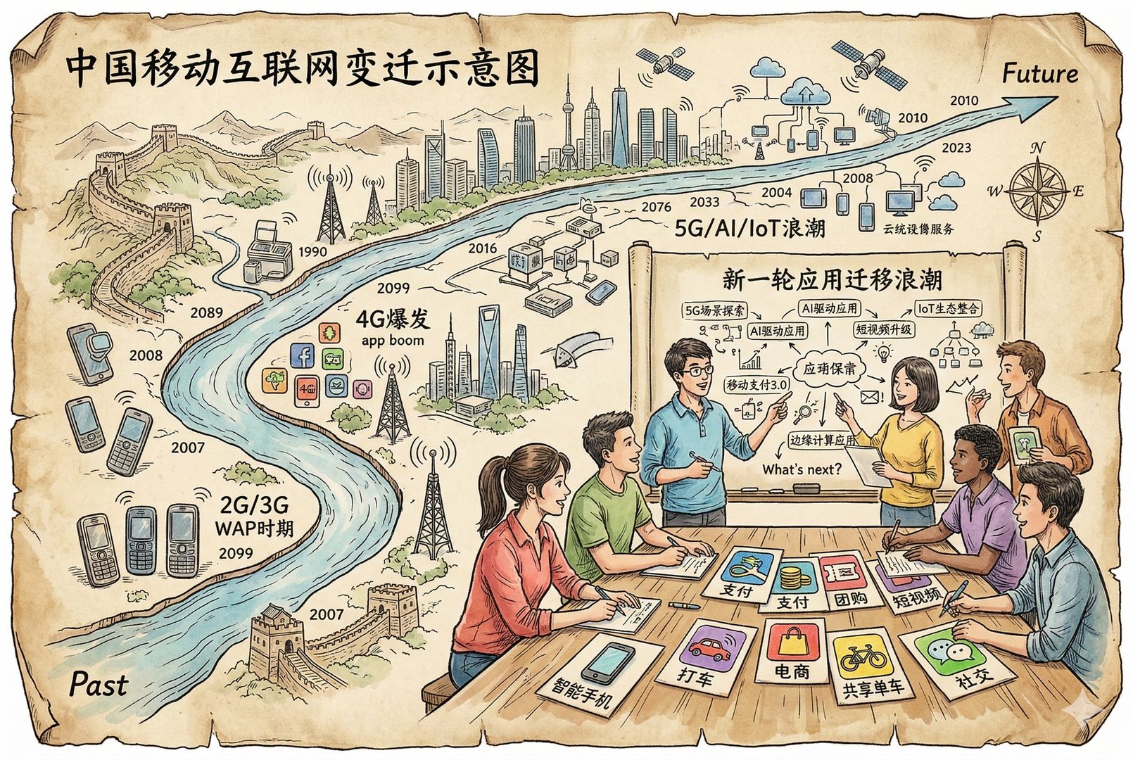 一张中国移动互联网变迁示意图,桌上散落着智能手机、打车、支付、团购、短视频等图标卡片,一群创业者围着白板头脑风暴,象征新一轮应用迁移浪潮,羊皮纸,钢笔彩色手绘的统一风格。