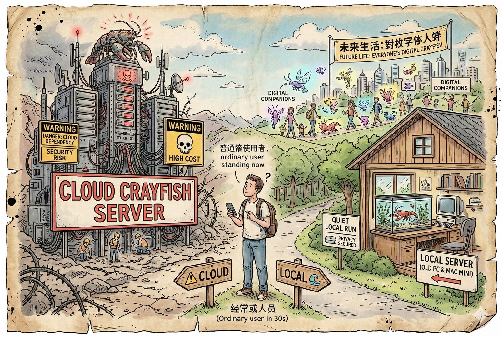 一位普通用户站在岔路口前,一边是带警示标志的云端龙虾服务器,一边是家中旧电脑和 Mac Mini 上安静运行的小龙虾,远处则是每个人身边跟着多只数字龙虾的未来生活想象,羊皮纸,钢笔彩色手绘的统一风格。