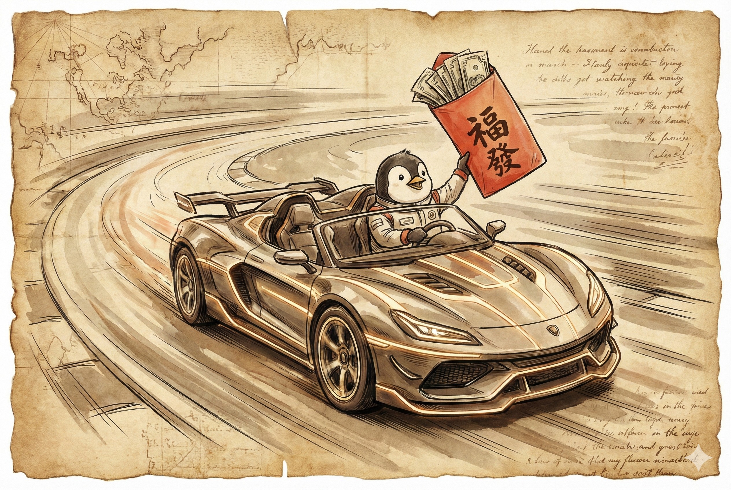 一只身穿赛车服的企鹅驾驶着充满未来感的赛车在弯道加速，手里挥舞着巨大的红包，背景是模糊的速度线，羊皮纸，钢笔彩色手绘的统一风格。