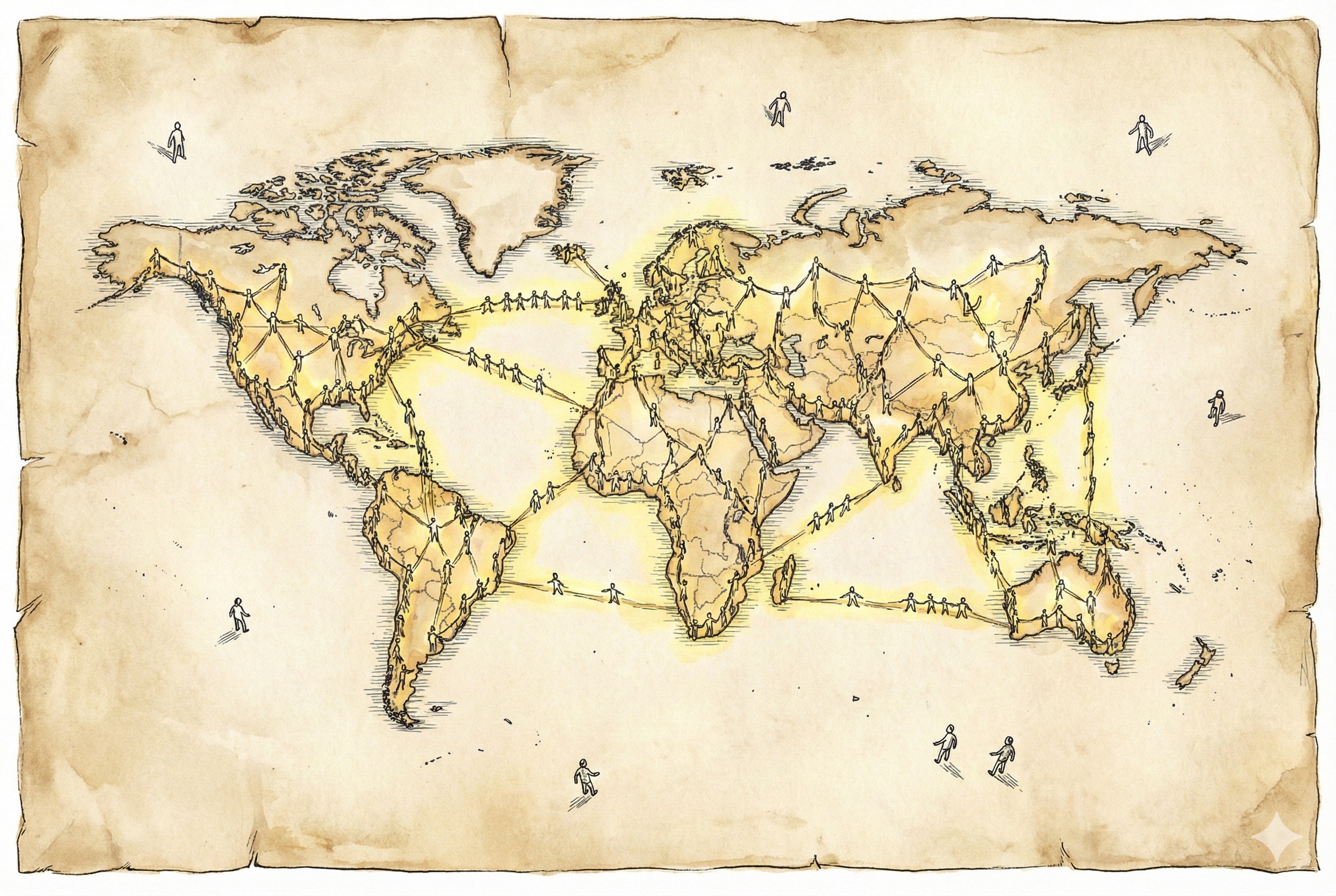 无数个微小的人物手拉手形成一张巨大的、发光的社交网络，覆盖在地图之上，而旁边零散漂浮着几个孤独的小人，羊皮纸，钢笔彩色手绘的统一风格。