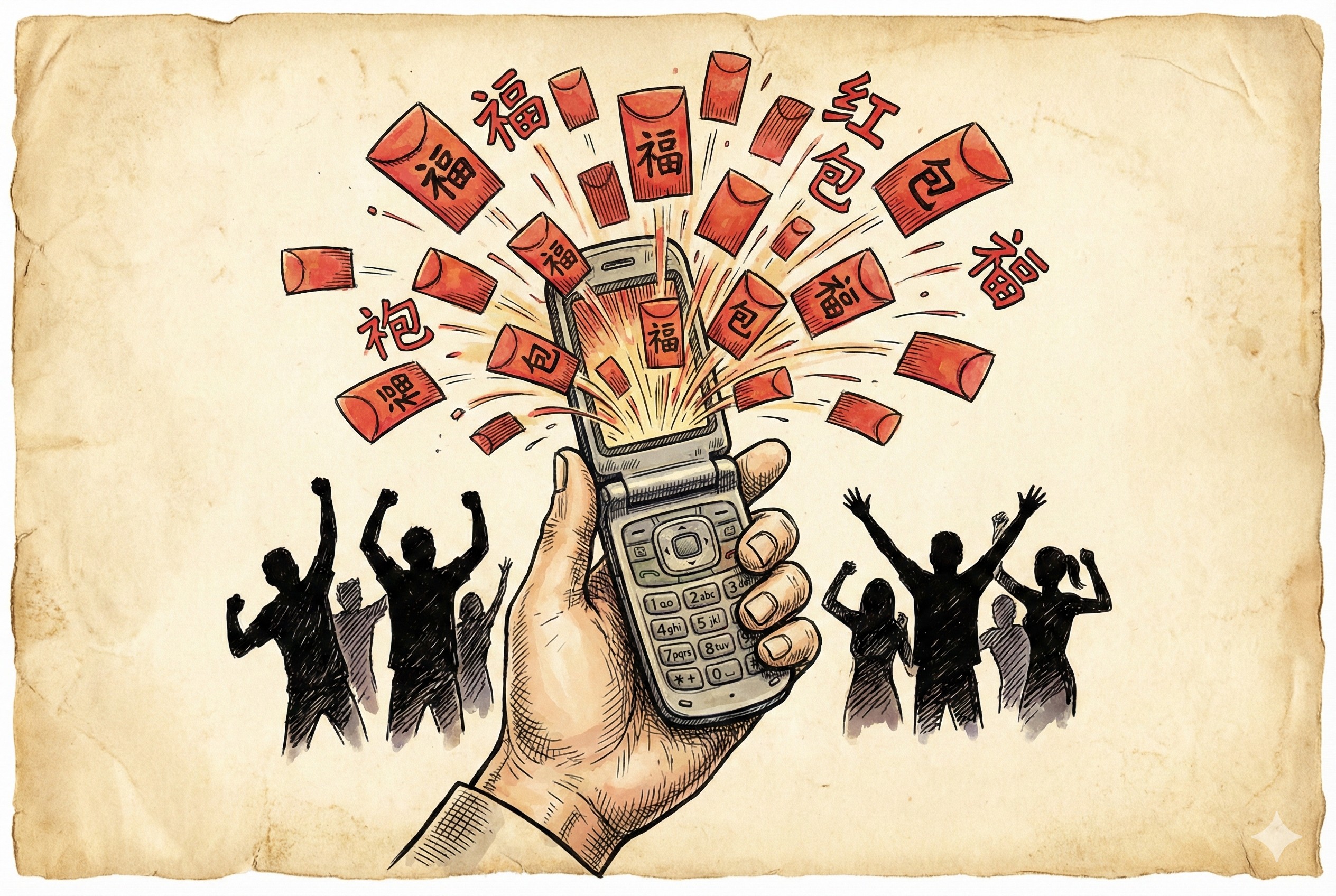 只有一只手握着老式手机，屏幕中像烟花一样喷发出红色的信封，周围是欢呼雀跃的人群剪影，羊皮纸，钢笔彩色手绘的统一风格。