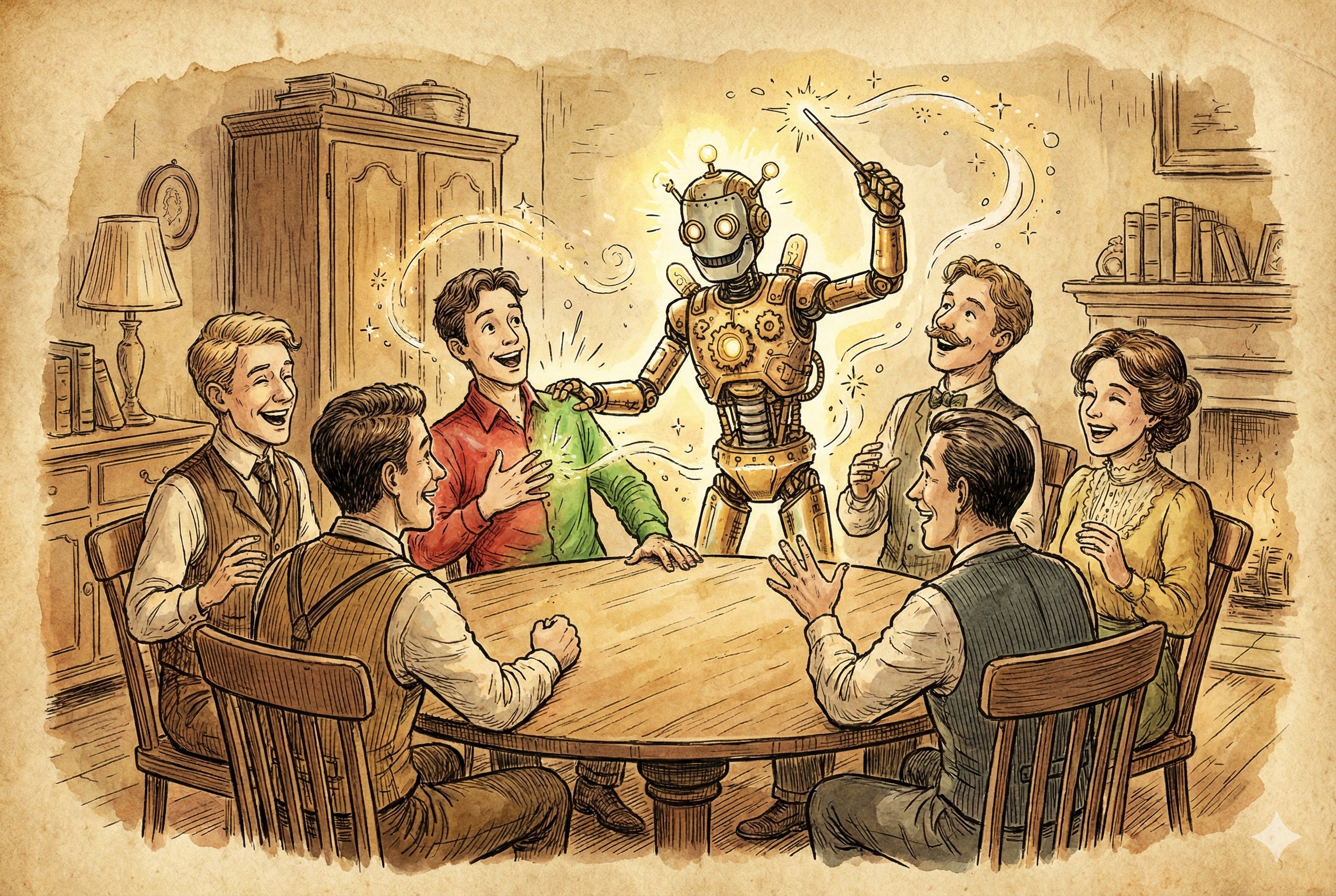 一群朋友围坐在圆桌旁聊天，中间站着一个发光的机器人魔术师，正挥舞魔杖将其中一人的红衣服变成绿色，羊皮纸，钢笔彩色手绘的统一风格。