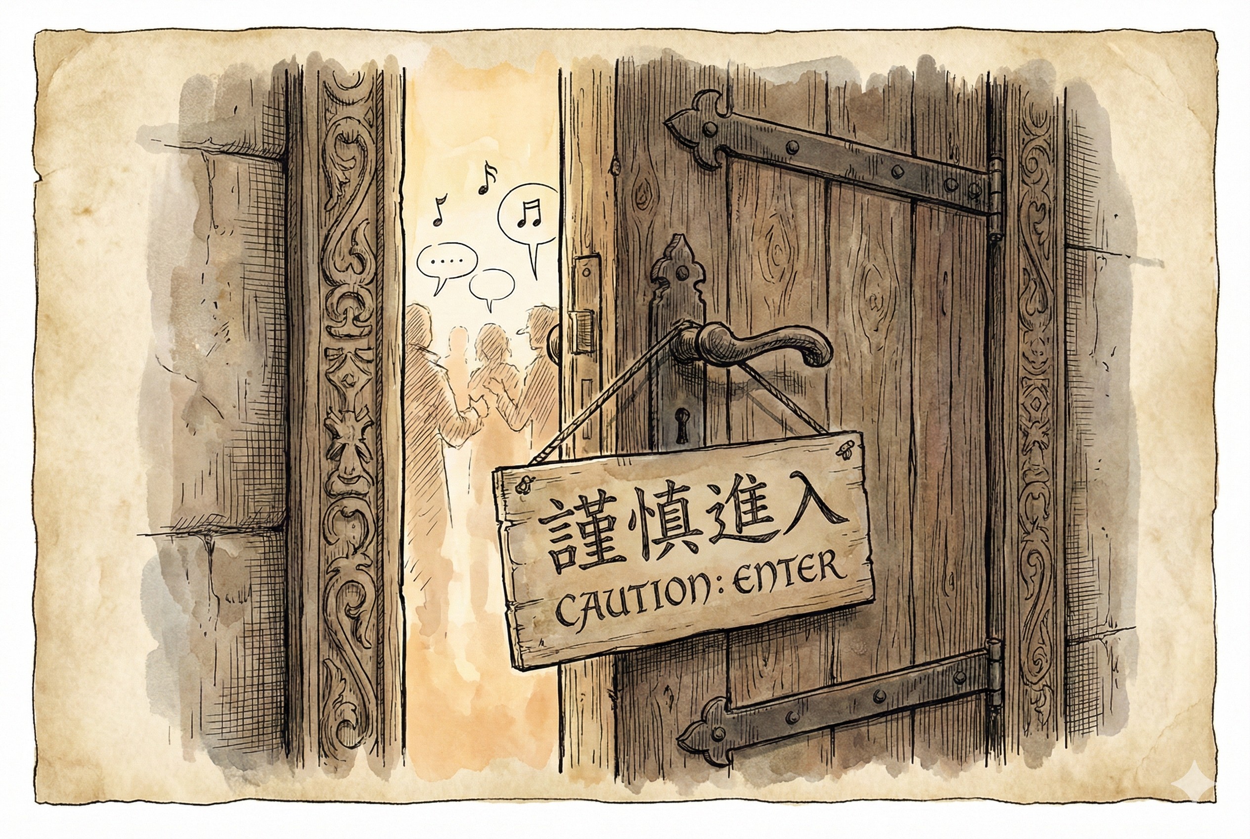 一扇半开的厚重木门，门缝里透出聚会的光芒和喧闹声，但门把手上挂着一个醒目的“谨慎进入”警示牌，羊皮纸，钢笔彩色手绘的统一风格。