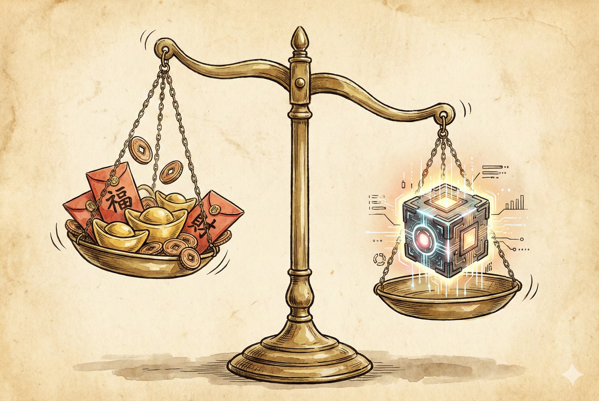 一个古老的铜制天平，左边托盘堆满了金元宝（代表红包），右边托盘放着一个充满科技感的发光立方体（代表AI数据），天平正在摇摆寻找平衡，羊皮纸，钢笔彩色手绘的统一风格。