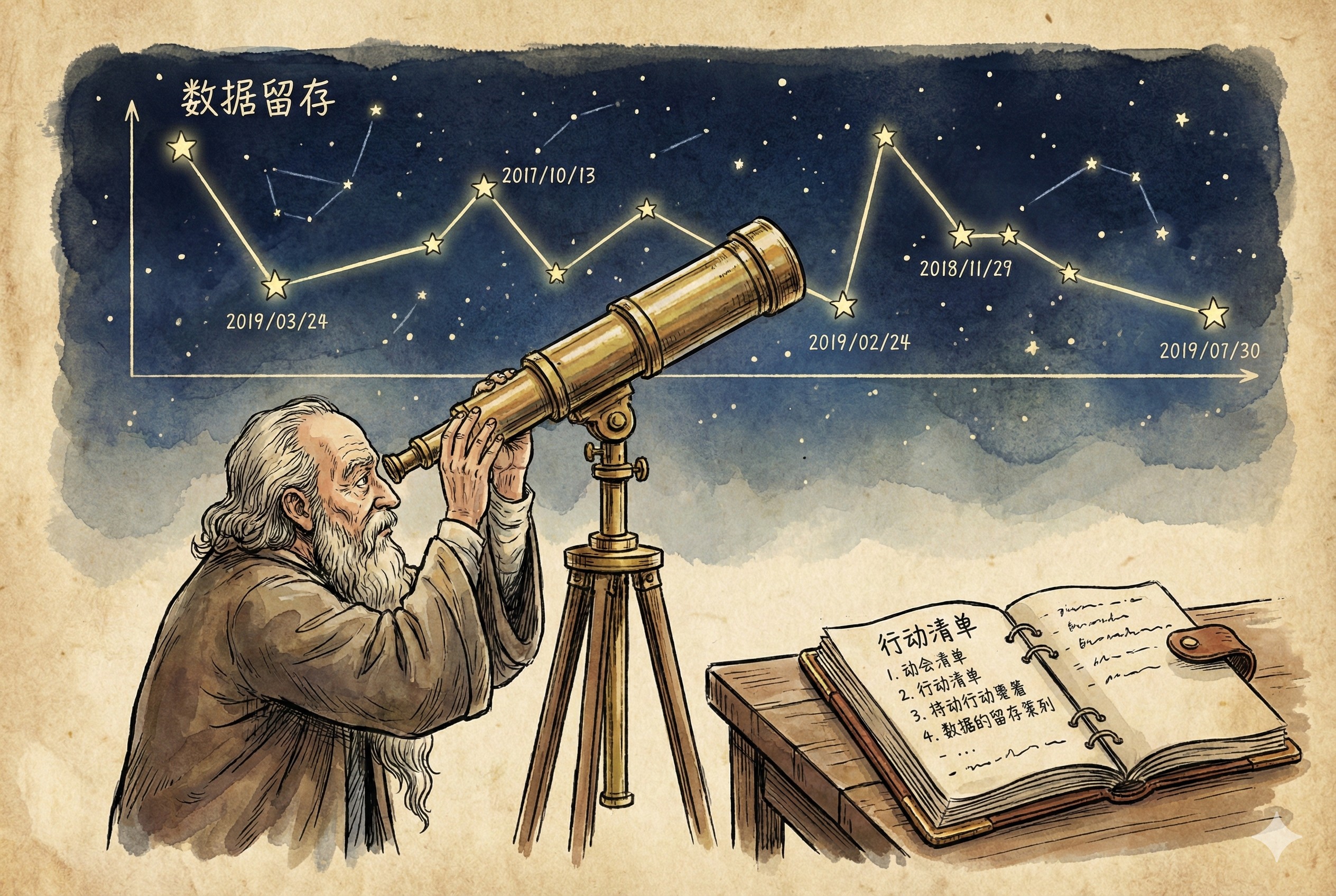 一位学者正用天文望远镜观测星空，星星连成了一条起伏的数据留存曲线，旁边放着一本写有“行动清单”的笔记，羊皮纸，钢笔彩色手绘的统一风格。