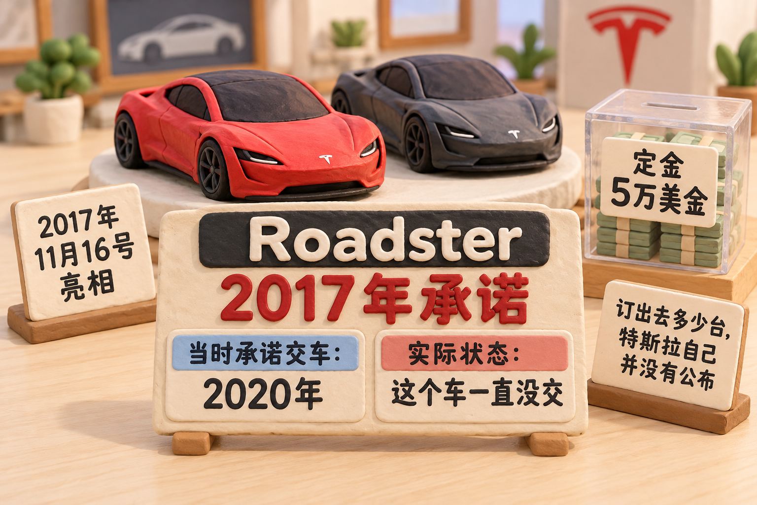 浅色桌面上放两辆手工捏塑的Roadster微缩模型,前景大牌的标题写“2017年承诺”,下面一格明确写“当时承诺交车:2020年”,另一格明确写“实际状态:这个车一直没交”;后方透明定金盒仅标“定金5万美金”
