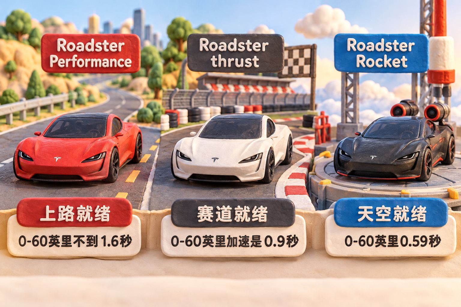 三辆体积清楚的Roadster微缩模型并排停在不同场地,左侧Performance在道路,中间thrust在封闭赛道,右侧Rocket在演示平台;用少量大字标签明确各自路权和加速口径,不混画推进器与普通版