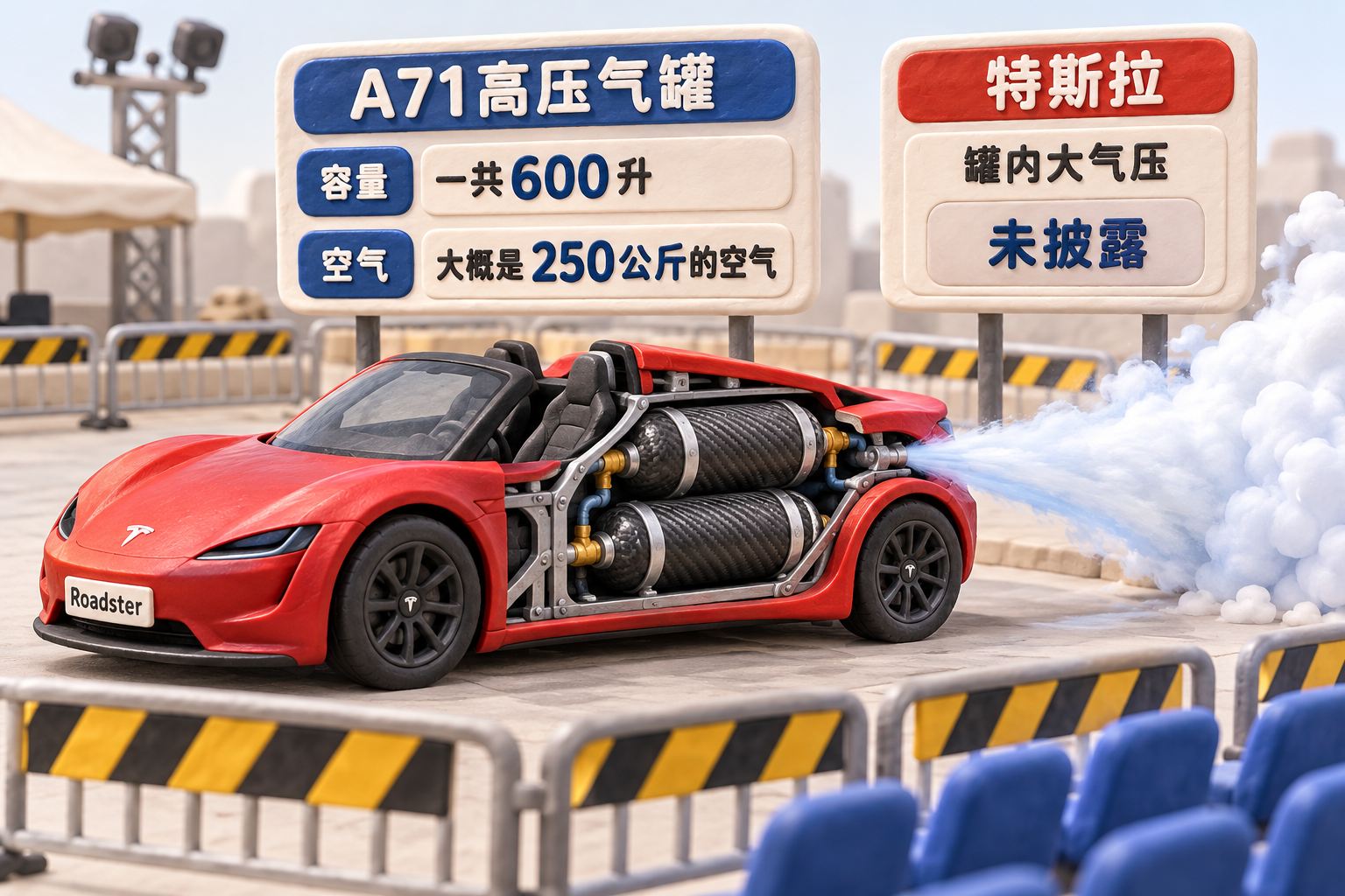 一辆Roadster微缩模型停在封闭的演示场,车旁以剖面方式展示两只碳纤维缠绕气罐和向后喷出的冷气;安全围栏与空座位表达演示风险,不出现人员被喷射的画面