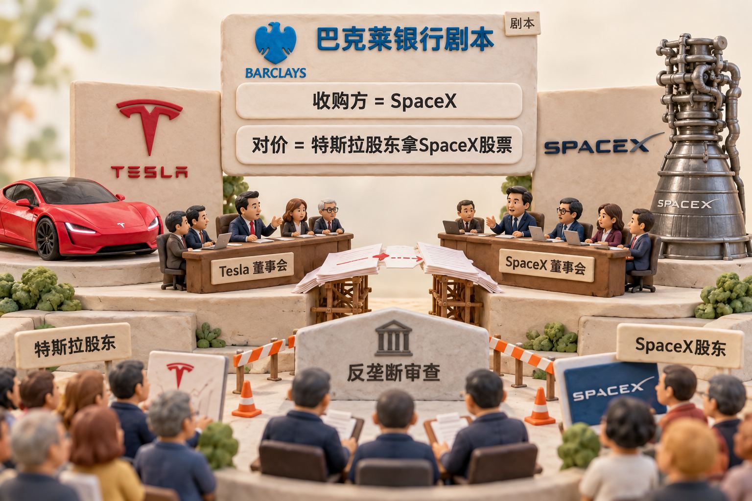 微缩发布会场景从左到右摆放特斯拉Roadster、SpaceX猛禽发动机和两家公司各自的董事会桌,桌与桌之间是尚未闭合的纸质流程桥,画面表达文中对合并的判断与仍需审查的步骤,不画成已经完成的交易;可见事实元素:Roadster、Tesla、SpaceX、巴克莱银行“SpaceX当收购方”、两边董事会和股东、反垄断审查