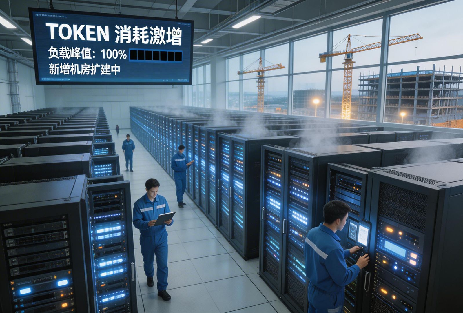 一座座巨型数据中心机房灯火通明，服务器列阵像城市街道，工程师与运维人员在高热负载的设备间穿行，远景中还有正在建设的新机房塔吊，表现全社会 TOKEN 消耗激增，羊皮纸，钢笔彩色手绘的统一风格。