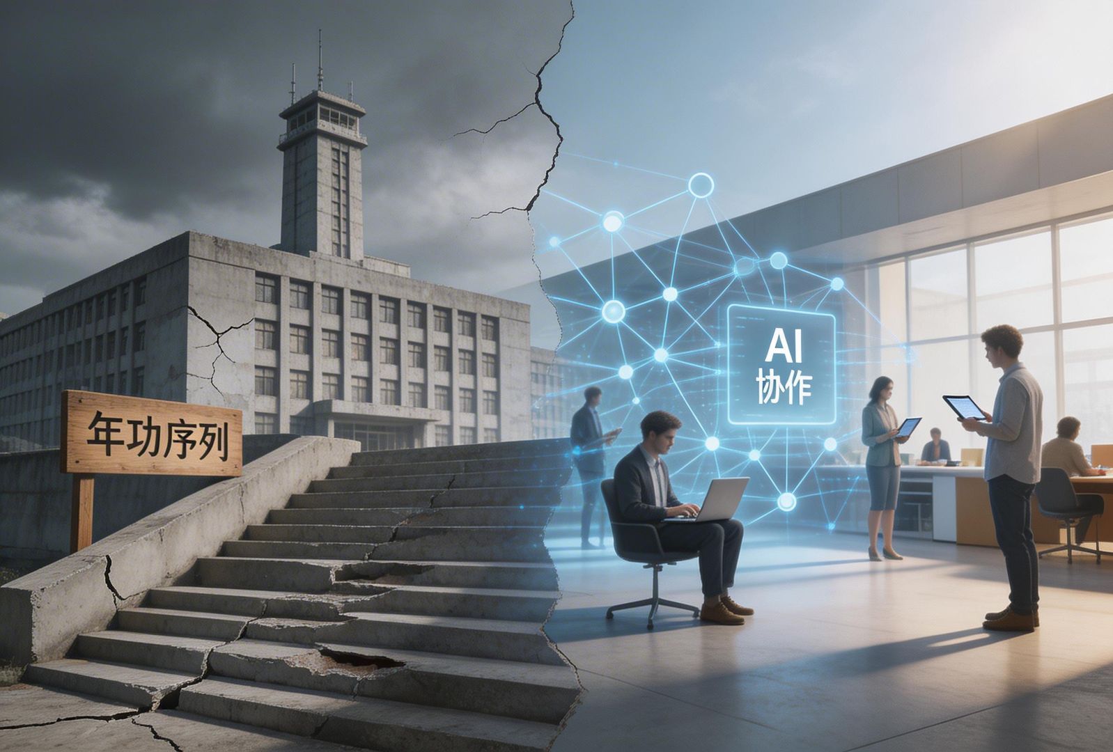 旧式科层公司大楼、单一指挥塔和年功序列阶梯在前景中出现裂纹，另一侧是分布式团队、自由流动的人才网络与 AI 协作终端迅速生长，形成新旧制度交替的结尾画面，羊皮纸，钢笔彩色手绘的统一风格。
