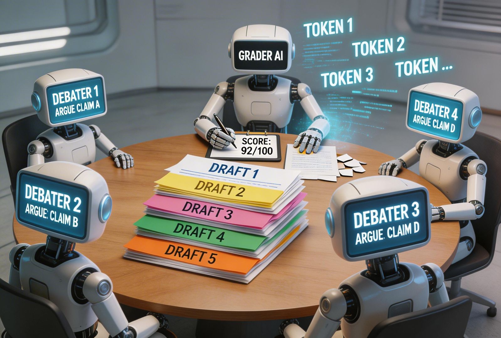 多个 AI 代理像辩论者一样围坐在圆桌前，桌上堆着五篇不同版本的文章草稿，另一侧评分员模样的 AI 正在打分、拆分、重组内容，展现高 TOKEN 消耗带来的并行推理，羊皮纸，钢笔彩色手绘的统一风格。