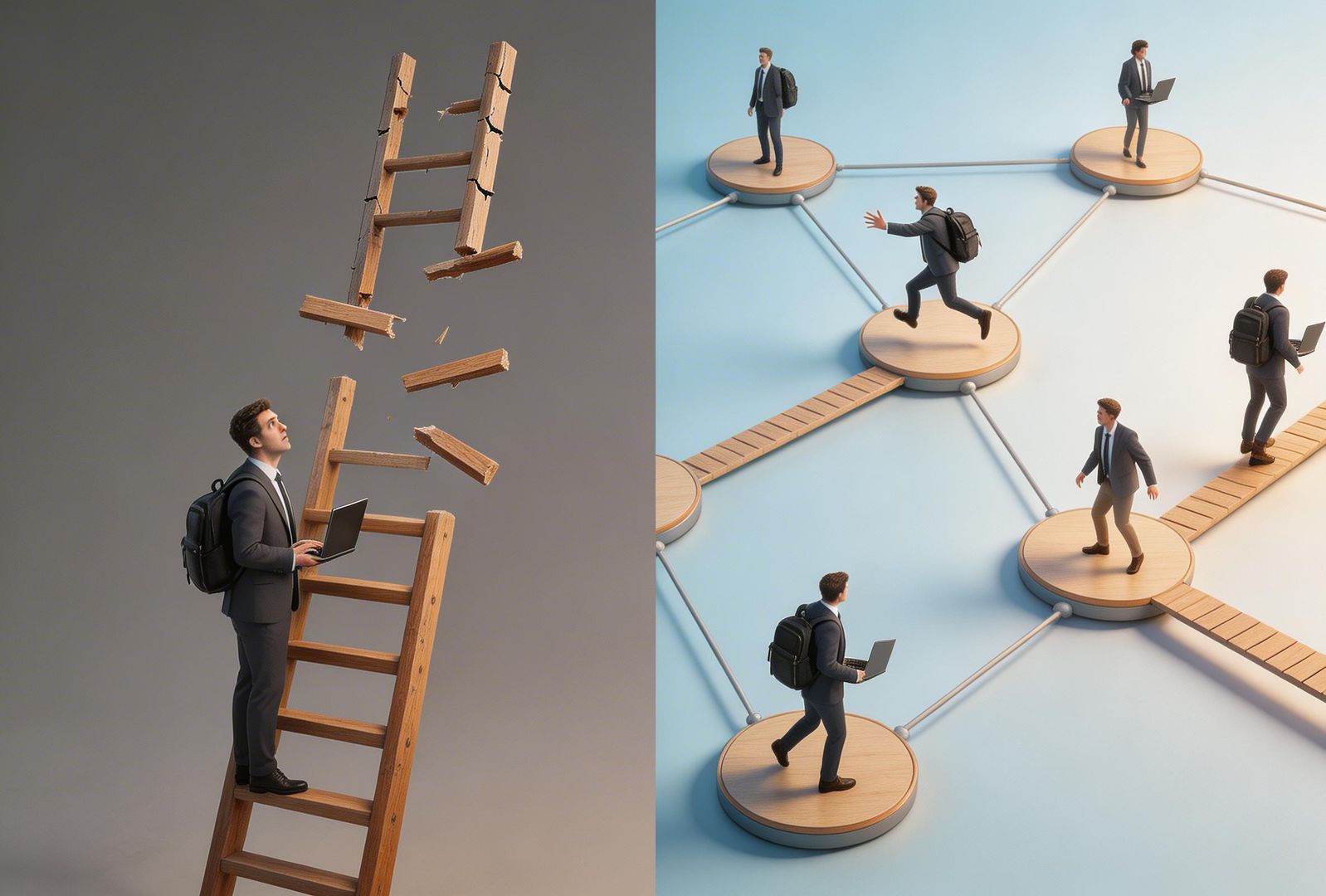 一架传统公司晋升梯子在画面左侧逐渐断裂，右侧则是由许多横向桥梁、节点和人物连接成的网络，职场人背着电脑在不同节点间跳转，表现非线性职业路径，羊皮纸，钢笔彩色手绘的统一风格。
