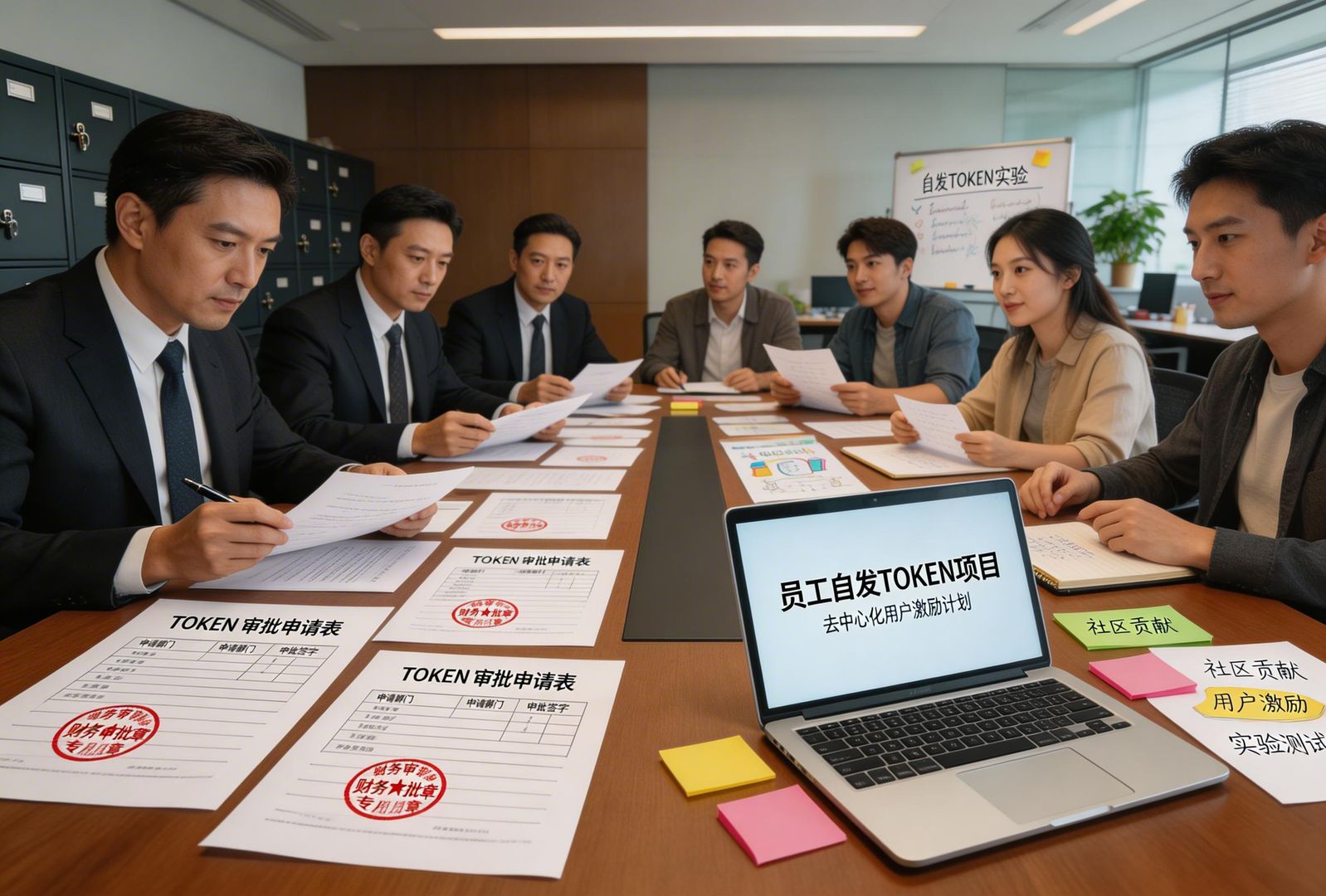 公司管理层在长会议桌前讨论 TOKEN 政策，一边是严密审批表格和报销章，另一边是开放的实验区与员工自发项目，画面形成鲜明对照，羊皮纸，钢笔彩色手绘的统一风格。