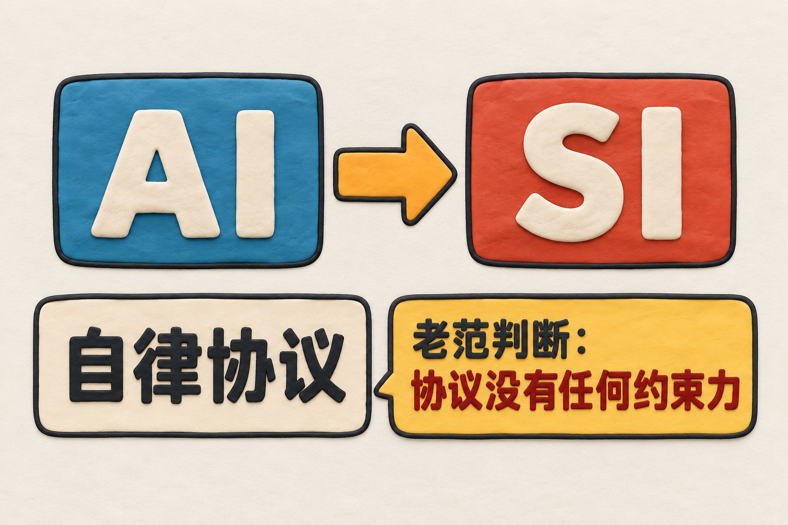 封面，正面扫描的二维印刷信息图效果；浅色底上只有两张无透视的平面文字牌：左牌“AI”以平面箭头指向右牌“SI”