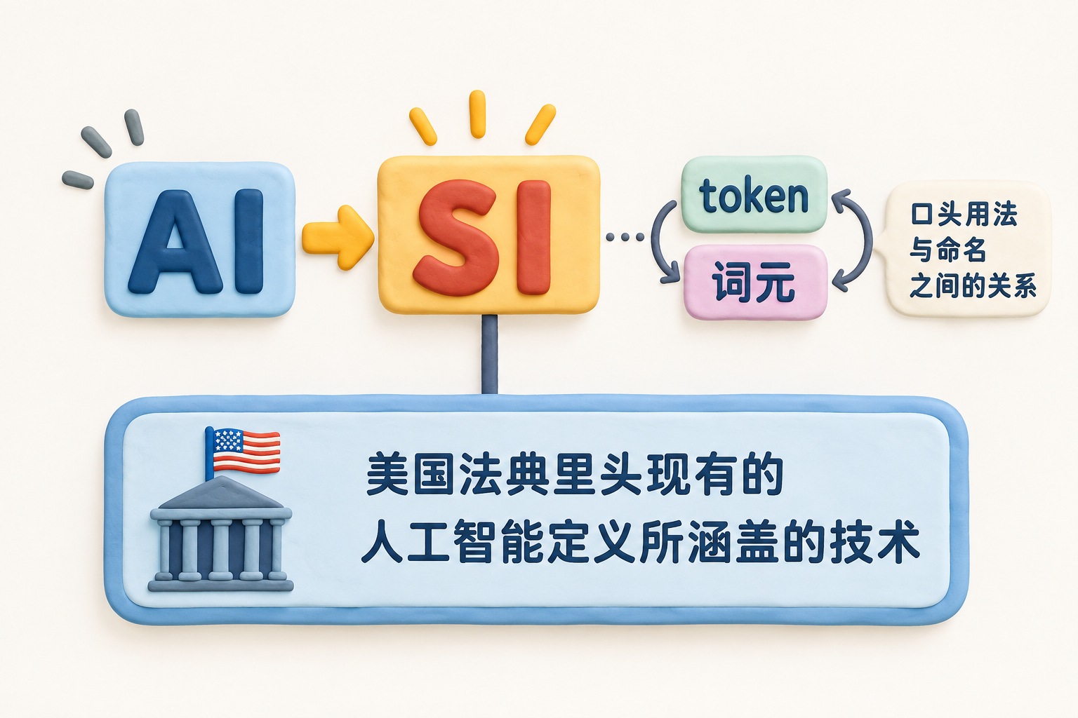 正视平面上下两层的术语关系图：上层“AI”字牌被“SI”字牌替换，下层“美国法典里头现有那个人工智能定义所涵盖的技术”保持原位，竖线连接新名称和原定义；旁边以细小对照字牌呈现“token”“词元”，强调口头用法与命名之间的关系，不画成法律内容已经改变