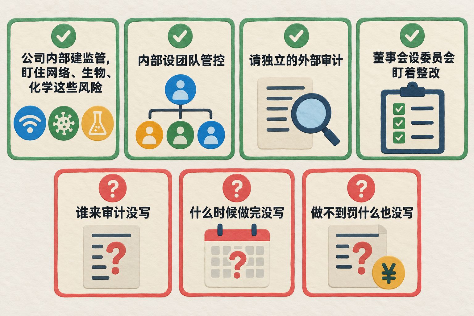 正面扫描的二维印刷信息图效果；浅色底上排四张纯平面要求卡，按原文顺序写“公司内部建监管，盯住网络、生物、化学这些风险”“内部设团队管控”“请独立的外部审计”“董事会设委员会盯着整改”