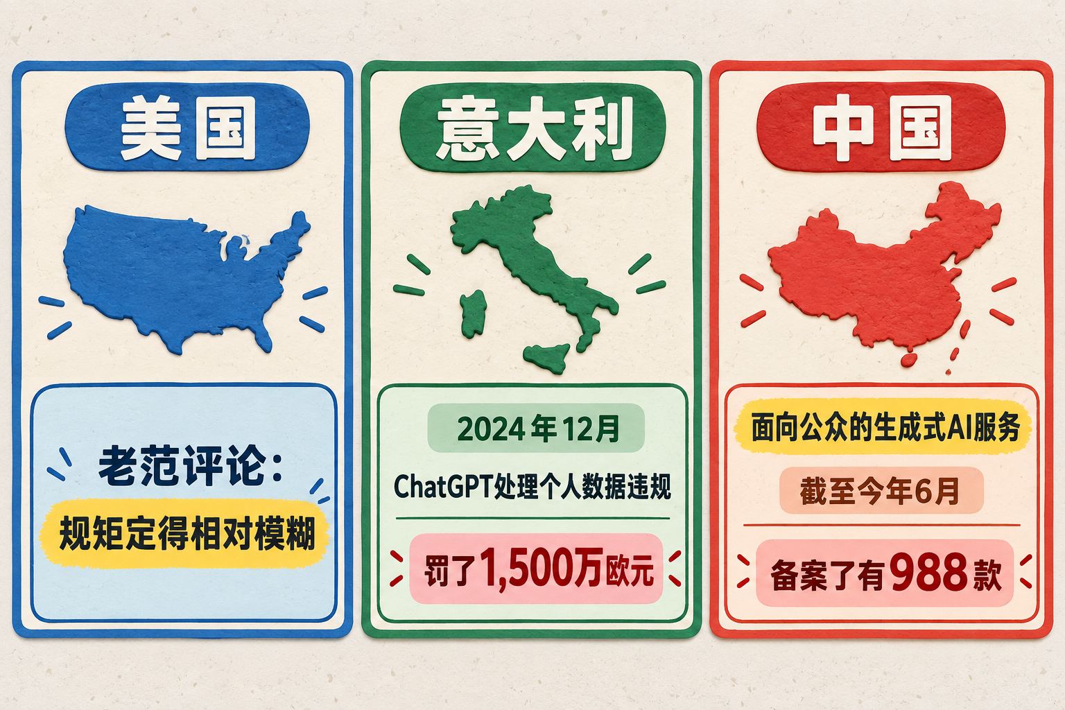 正面扫描的二维印刷信息图效果，浅色底上用三列无透视平面图卡并排展示“美国”“意大利”“中国”，只使用文字、二维边框、细线、色块和轻微橡皮泥纸面纹理；美国卡明确写“老范评论：规矩定得相对模糊”