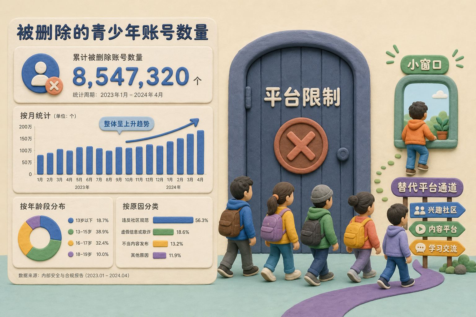 一个数据仪表盘显示被删除的青少年账号数量,旁边孩子从关闭的大门绕向小窗口和替代平台通道,浅色背景的商业评论版橡皮泥平面信息图的统一风格。