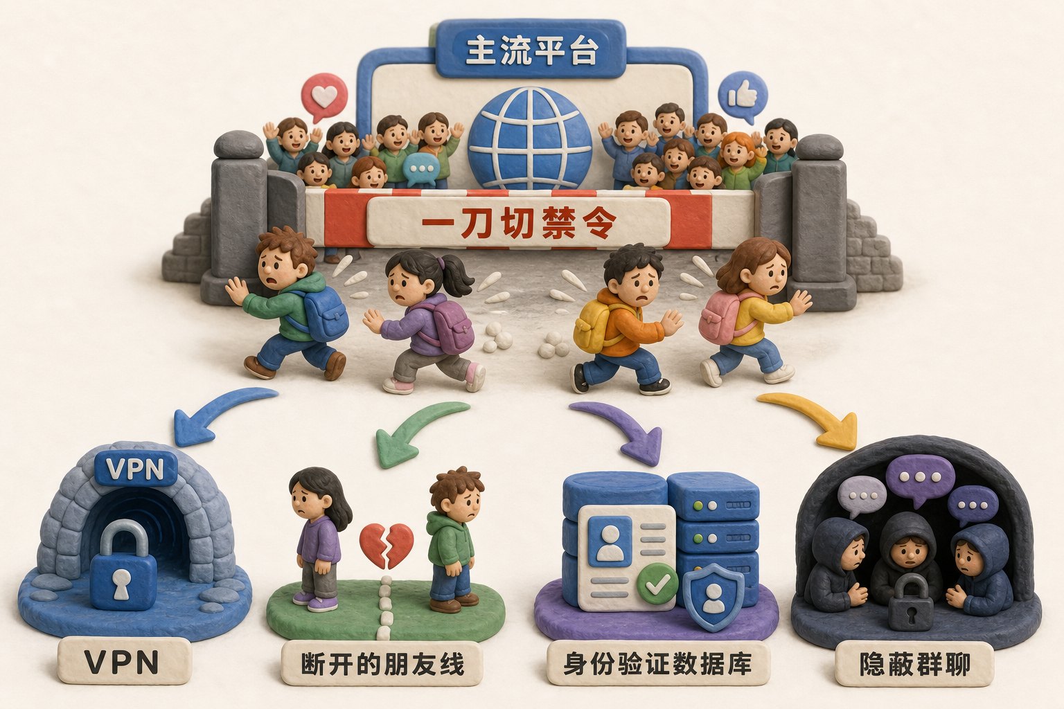 一个写着“一刀切禁令”的大闸门把孩子推出主平台,四条箭头分别通向VPN、断开的朋友线、身份验证数据库和隐蔽群聊,浅色背景的商业评论版橡皮泥平面信息图的统一风格。