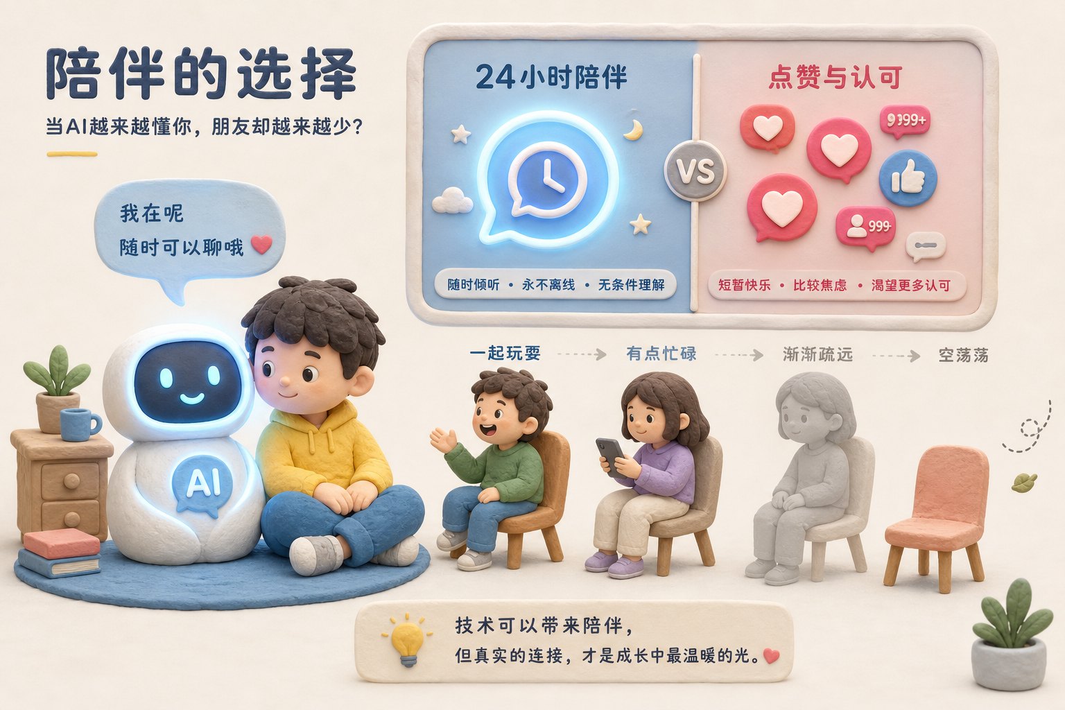 一个孩子坐在发光的AI聊天机器人旁边,真实朋友的椅子逐渐空掉,屏幕显示24小时陪伴与点赞气泡的对照,浅色背景的商业评论版橡皮泥平面信息图的统一风格。